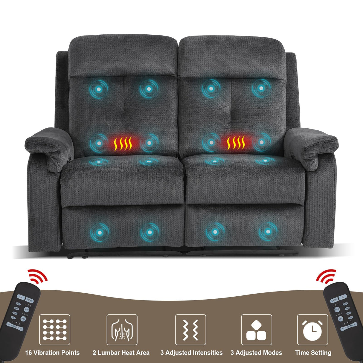 PALLOME Loveseat Recliner, Velvet Reclining Sofa, 54'' Double Recliner Loveseat with Heat and Massage, RV Theater Seating, Manual Recliner Chair for Living Room (Velvet, Grey) PALLOME