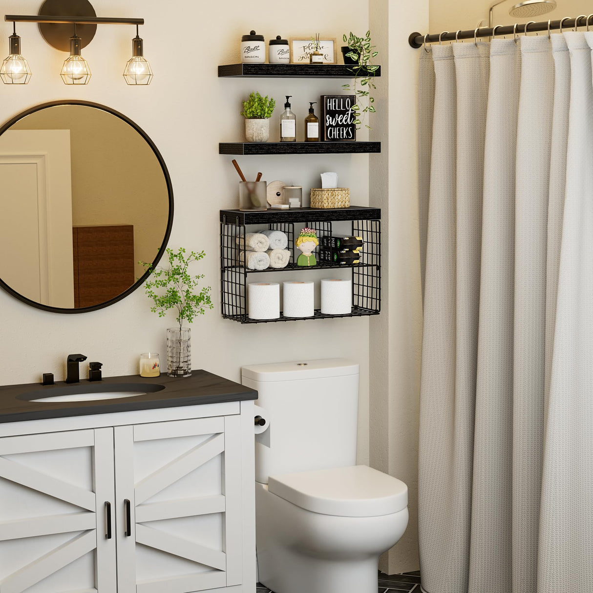 KLUVIS Bathroom Floating Shelves for Wall - Shelf Over Toilet Storage Small Farmhouse Decor Shelves (15.7 inch, Set of 3, Black) KLUVIS