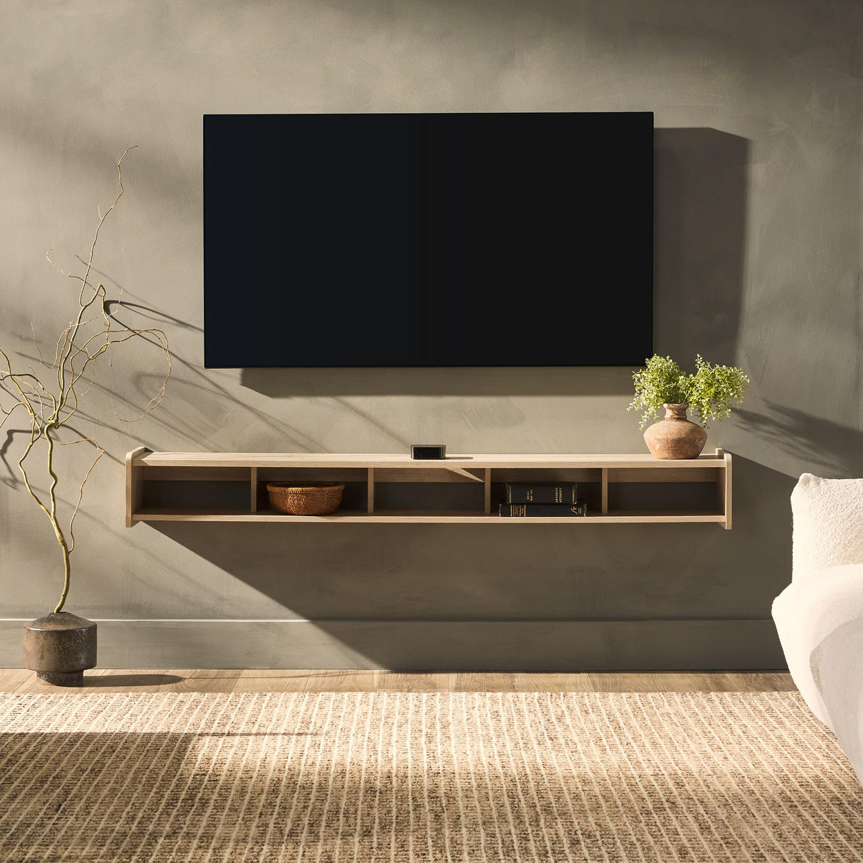 Walker Edison Zee Modern Floating Mounted Minimalist Stand for TVs up to 70 Inches, 65 Inch, Coastal Oak Walker Edison