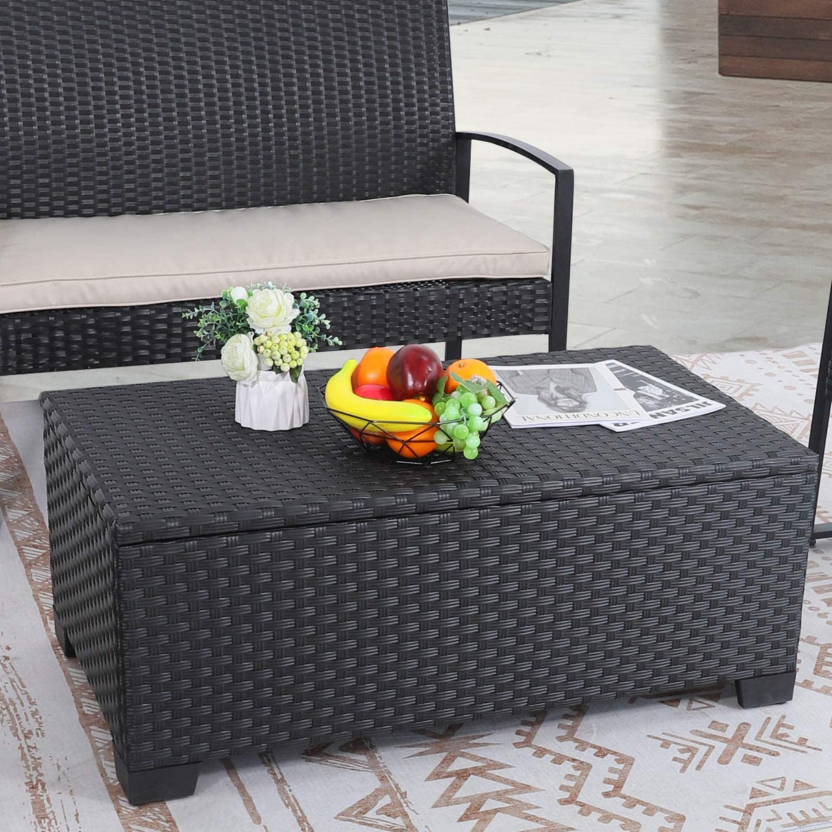 Rattaner Patio Coffee Table with Storage Wicker Outdoor Coffee Table and All-Weather Wicker Side Table with Waterproof Cover, Black Rattaner