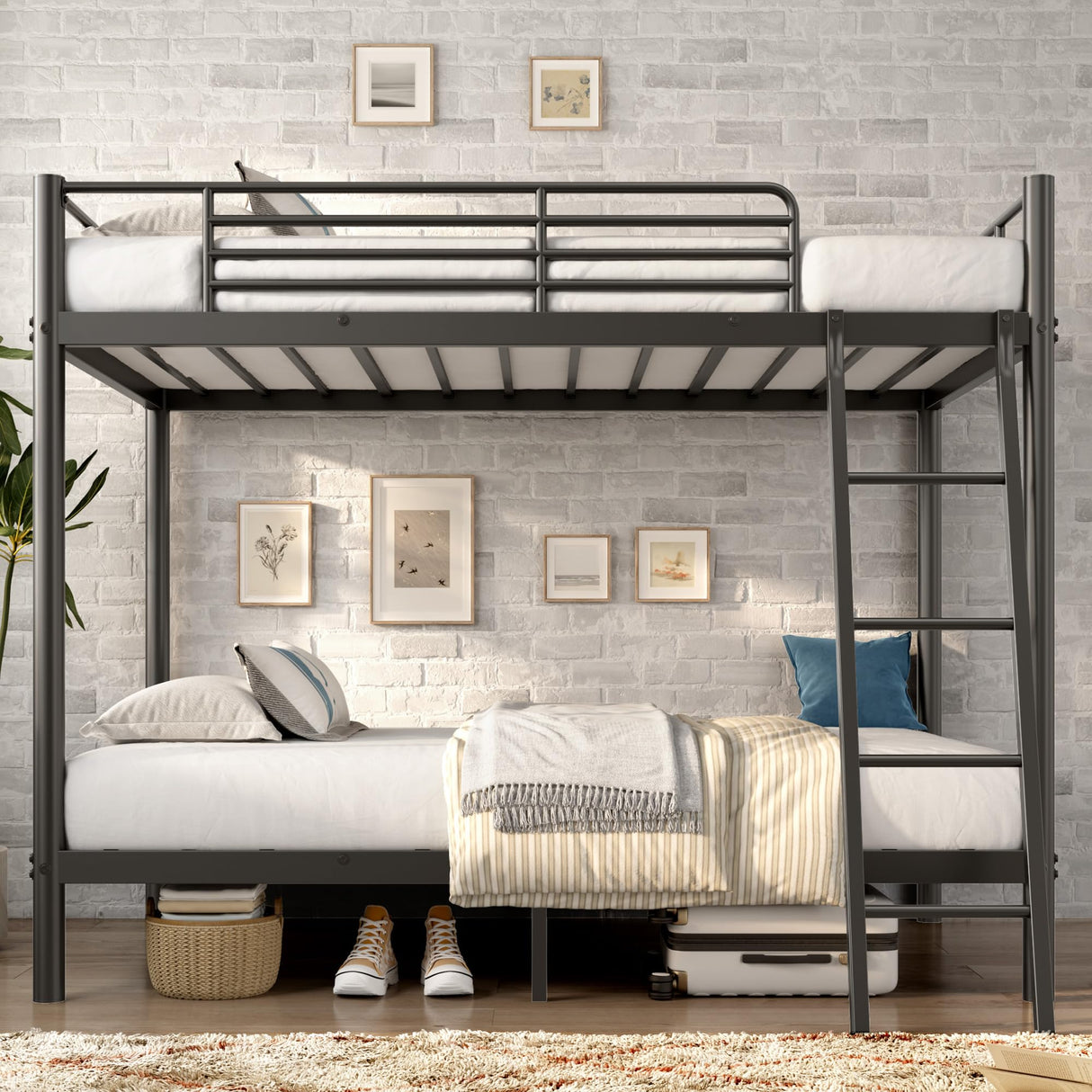 soges Twin Over Twin Metal Bunk Bed with Ladder & Guardrail, Heavy Duty Metal Bed Frame for Teens Adults, Black soges