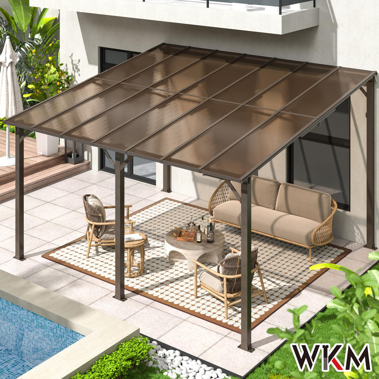 WKM 10x14 FT Wall Mounted Gazebo, Lean to Gazebo Hard Top, Decks, Porch and Backyard WKM