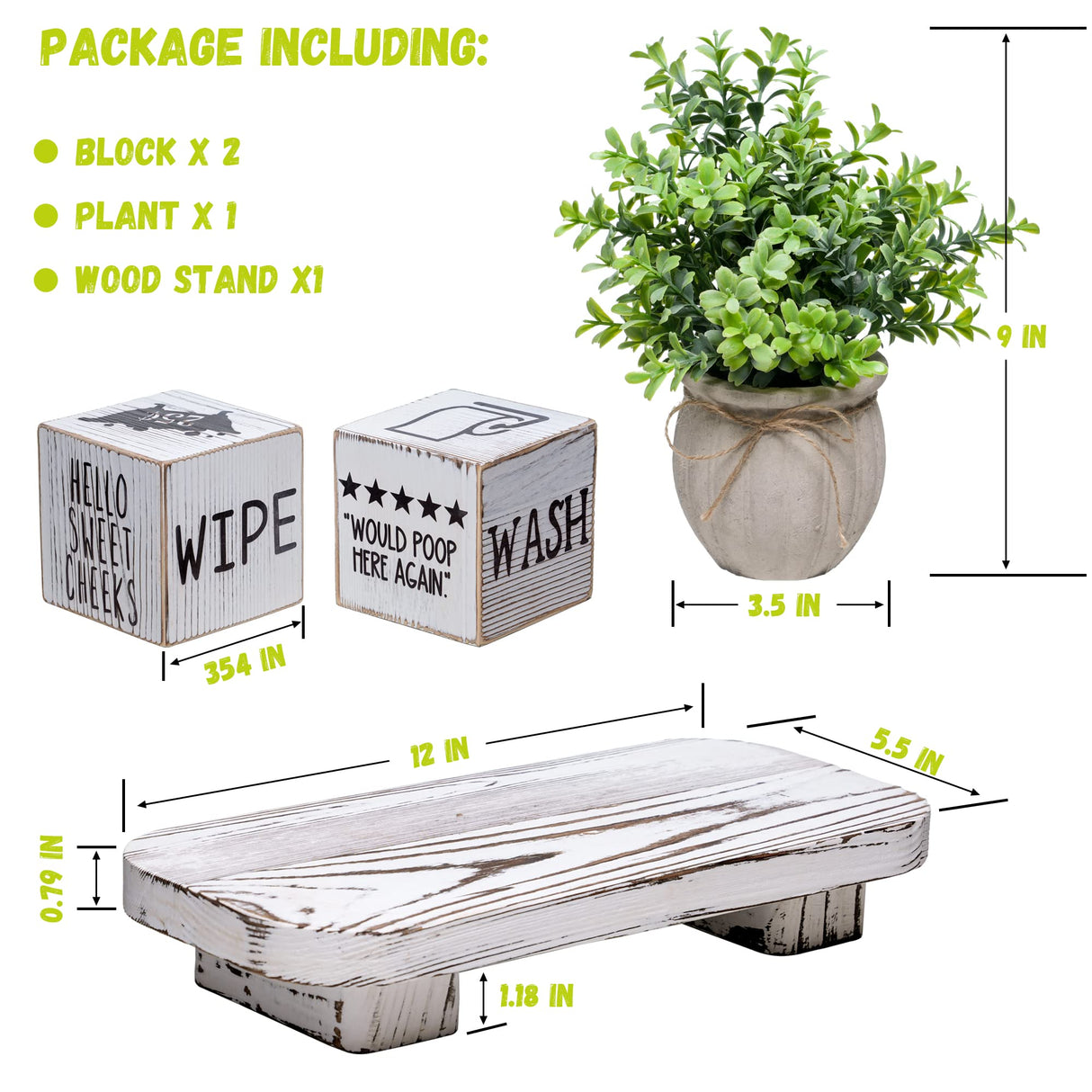 Liswit Farmhouse Funny Bathroom Decor Signs, 3 Wooden Blocks with Plant & Tray, Rustic Decoration for Bathroom Countertop Liswit