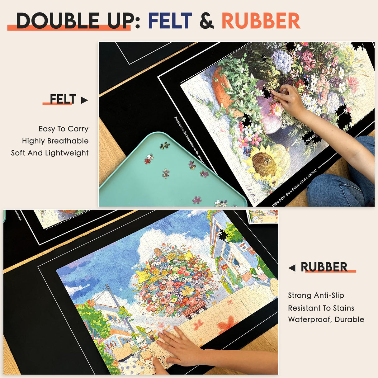 Nariolar Rubber and Felt Jigsaw Puzzle Mat Roll Up, Nariolar 47 x 26 Inch Portable Non-Slip Puzzle Roll-Up Mat for 500/1000/1500 Piece Jigsaw Puzzles, Pack of 2 Mats Nariolar