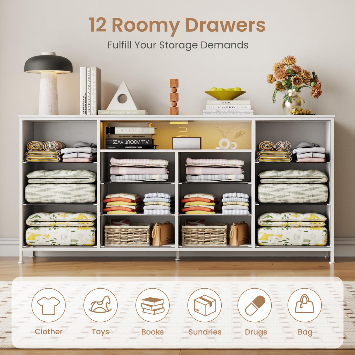 Patikuin 63" Dresser TV Stand for 65 70 75 Inch TV, Fabric Chest of Drawers with Charging Station, LED Lights, Open Shelves & 12 Drawer Dresser, Modern Entertainment Center, White Patikuin