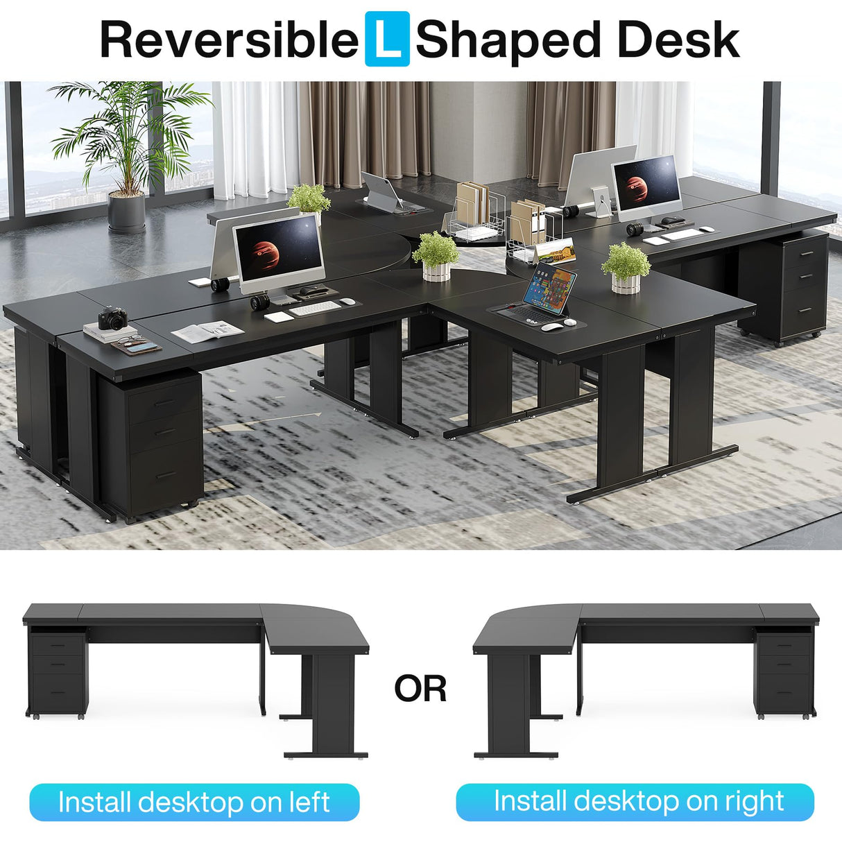 Tribesigns 83" L-Shaped Executive Desk, Large Office Desk with 3-Drawer Mobile File Cabinet, Industrial Computer Desk with Storage Drawers, Business Furniture Table Workstation for Home Office (Black) Tribesigns