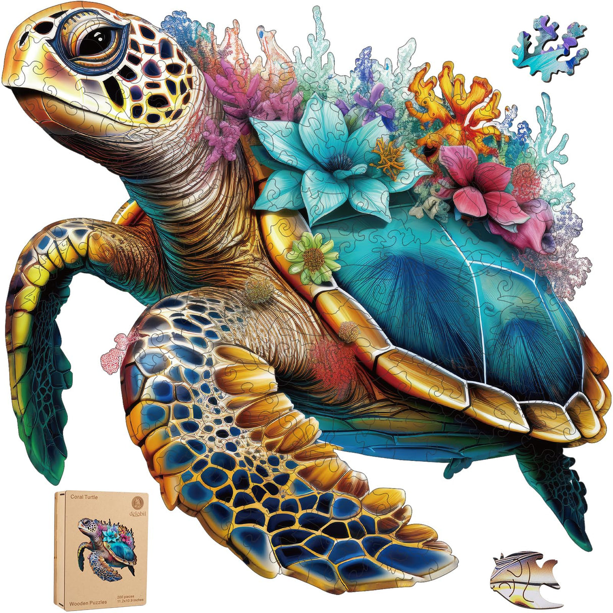 Wooden Puzzles for Adults, Coral Sea Turtle Jigsaw Puzzles 500 Piece, Unique Shape Puzzles for Adults and Kids, Fun Challenging Puzzles Family Game Gift, Royal Size 16.7 x 16.3 Inches delobil