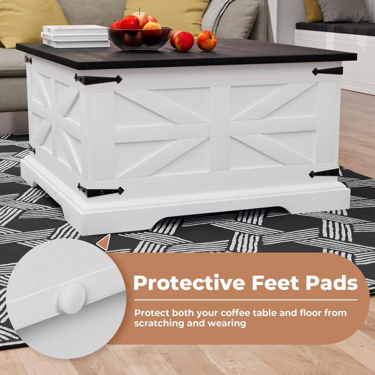 VVFLU Farmhouse Coffee Table with Storage, Square Center Table for Living Room, Rustic, Hinged Lift Top Soft Close, Wood, Large Hidden Storage, Modern, Metal Corner, White Black VVFLU