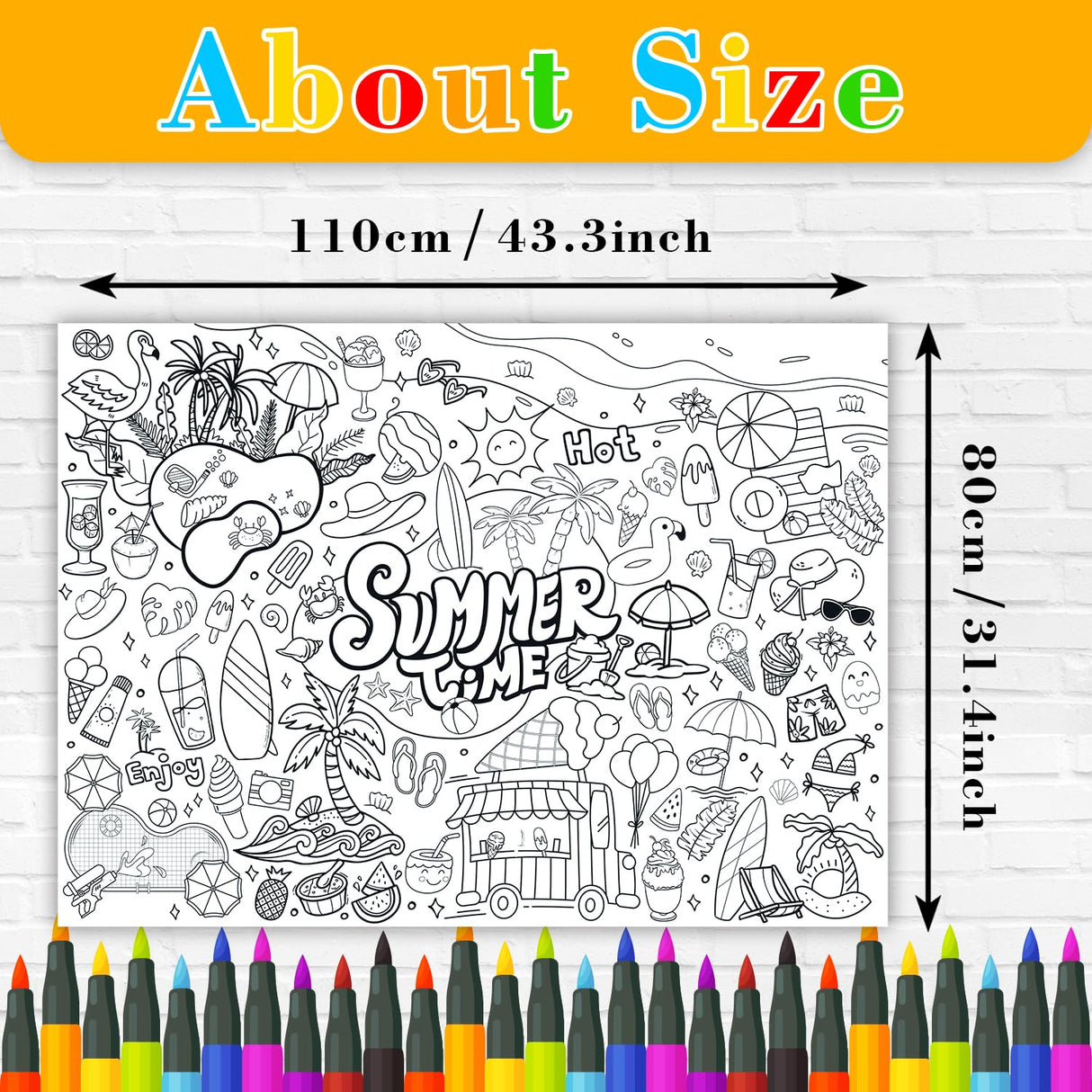 43.3x31.5" Summer Coloring Poster with Picture, Giant Summer Time Painting Poster, Large Coloring Tablecloth for Classroom Home Birthday Party Supplies Favor Nicime