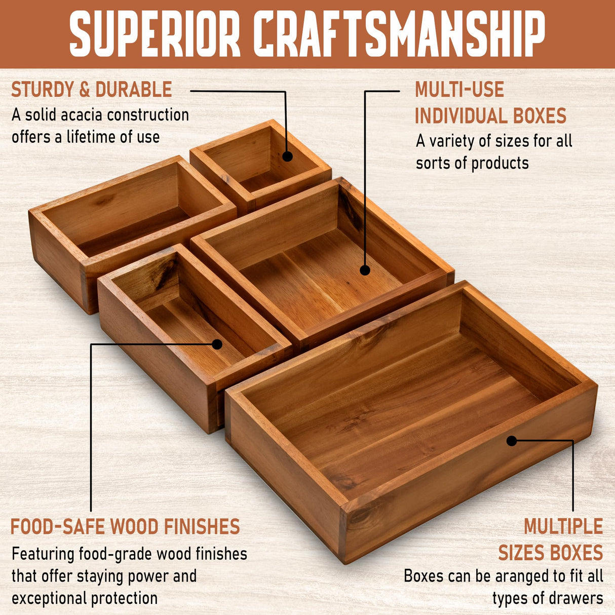 Demigo Acacia Drawer Organizer Set of 5, Cabinet Container Box, Wood Bin Set in Varied Sizes, Dividers Holder for Storage Cooking Utensils Spices Tea Bags Foods Office Items (Brown) Demigo