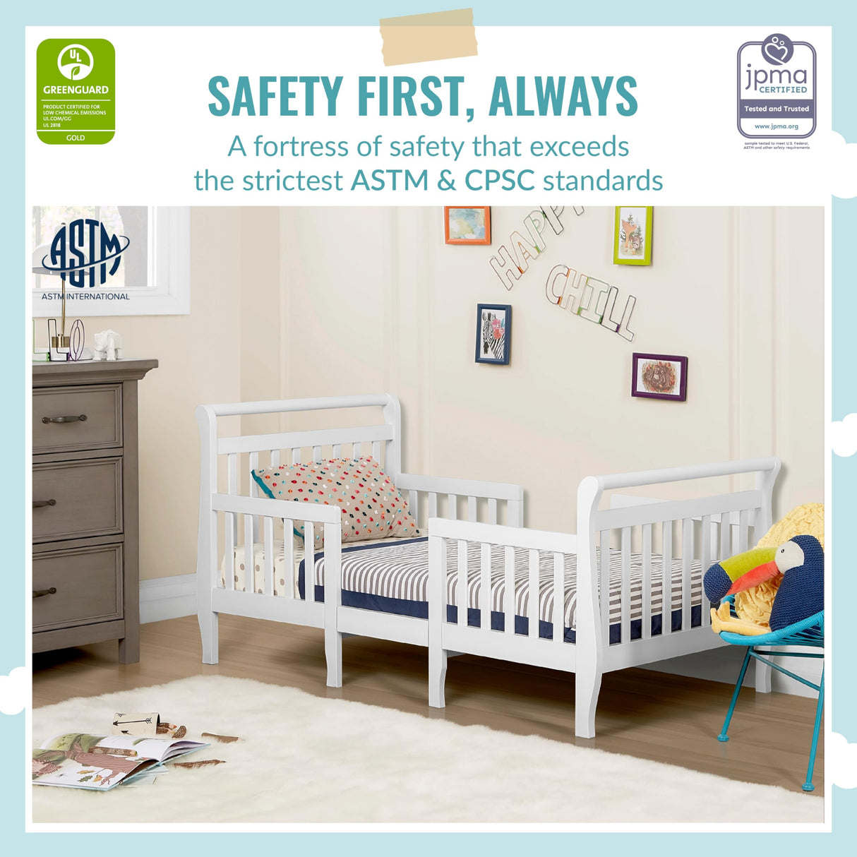 Dream On Me Emma 3 in 1 Convertible Toddler Bed in White, JPMA & Greenguard gold certified, low-to-floor design, built of New Zealand pinewood with the safety of your children in mind Dream On Me