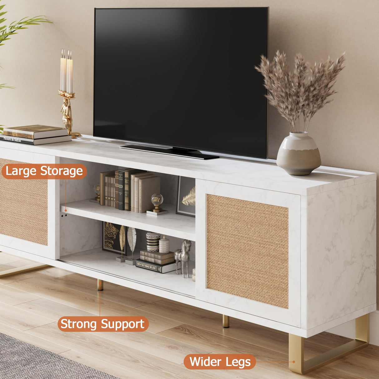 IDEALHOUSE Rattan TV Stand 66 Inch, White Entertainment Center Modern TV Console Table with Storage, Doors and Shelves, Media Cabinet Furniture for Living Room Bedroom IDEALHOUSE