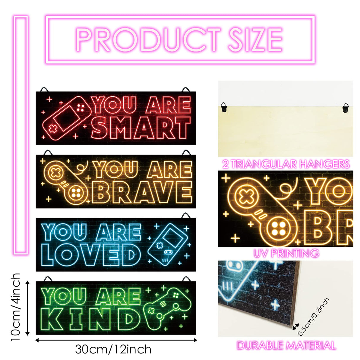 YLOLUL 4pcs Neon Game Art Prints, Wood Wall Art Decor for Boys Room, Gamer Decorations, Inspirational Quote Wall Decor, Modern Home Decor, 12 x 4 Inch, Red YLOLUL