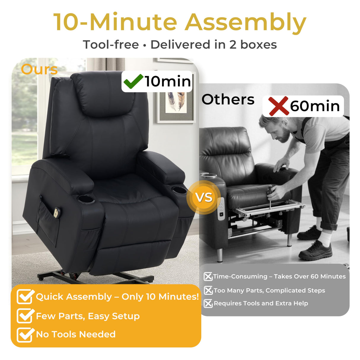 VUOVUS Power Lift Recliner Chair for Elderly, PU Leather Electric Lift Chair with Remote Control, Adjustable Footrest & Lumbar Support, Living Room Recliner with Cup Holders & Side Pockets (Black) VUOVUS