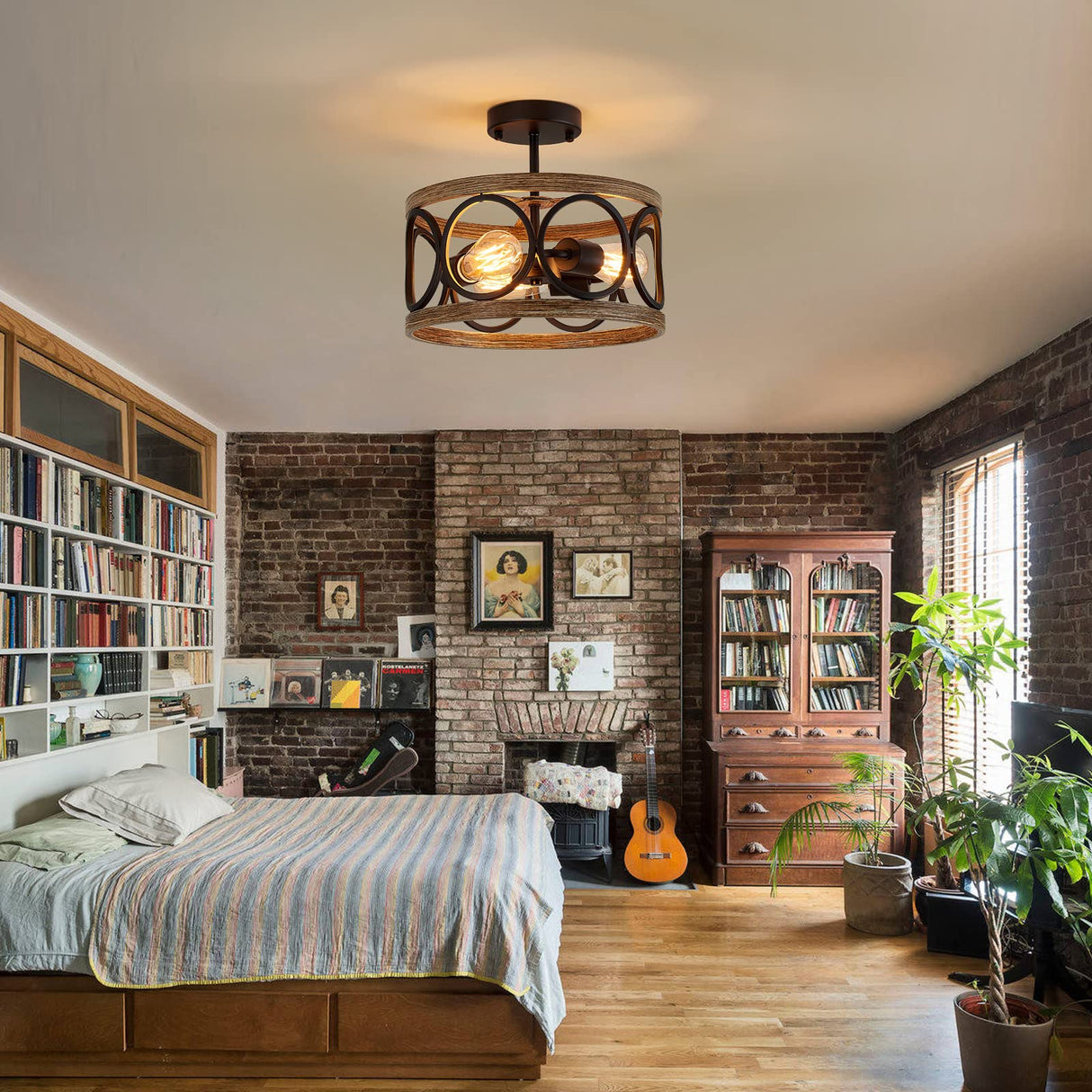 MEIXISUE Semi Flush Mount Modern Farmhouse Ceiling Light Fixtures,3-Lights Black and Retro Wood Finish,Drum Shade Rustic Light Fixtures for Entryway Hallway Foyer Kitchen Dining Room Bedroom MEIXISUE