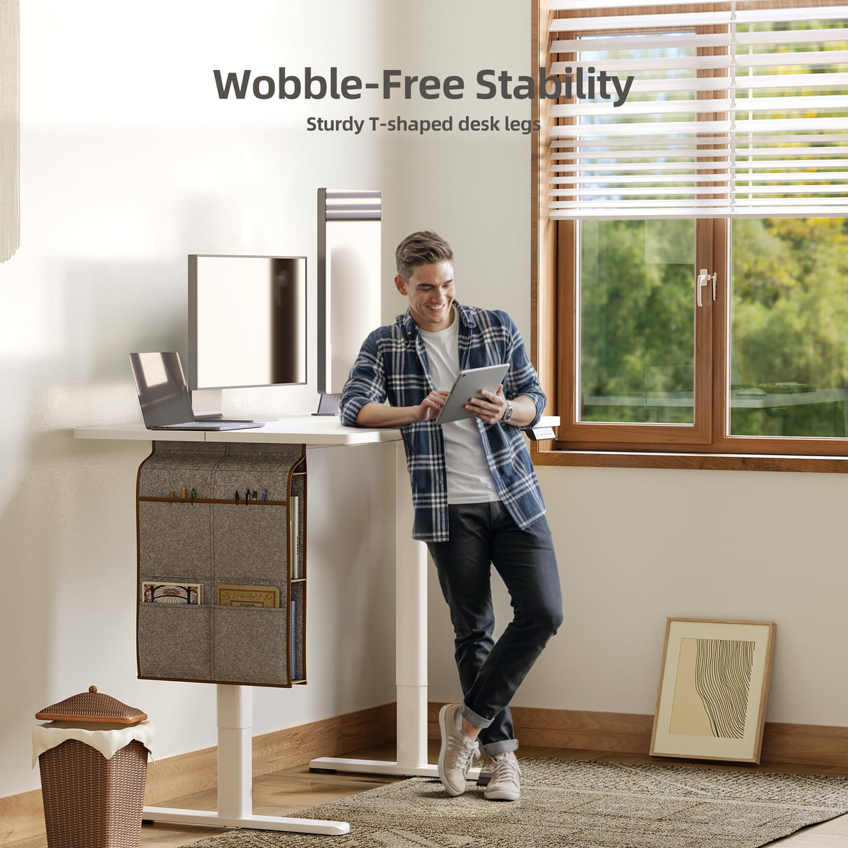 Claiks Electric Standing Desk Adjustable Height with Spacious Storage Bag, 48x24 Inch Stand Up Desk with Headphone Hook, Sit Stand Desk for Home Office Computer Workstation, White Claiks