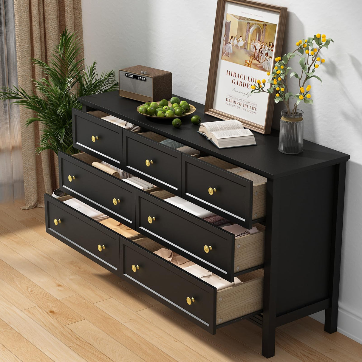CARPETNAL Black Dresser for Bedroom, 7 Drawer Dresser with Wide Drawers and Gold Metal Handles, 55" Black and Gold Dresser TV Stand, Modern Dressers & Chests of Drawers for Hallyway, Entryway. CARPETNAL
