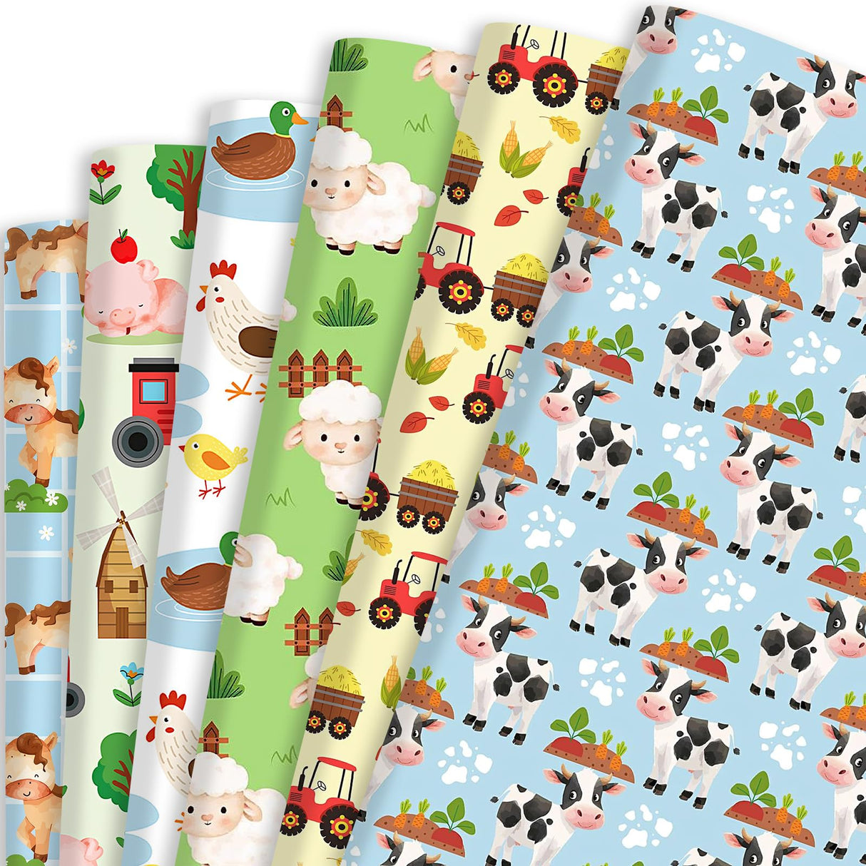 12 Sheets Farm Animal Wrapping Paper - Farmhouse Themed Gift Wrap with Pigs, Cows, Sheep, Chickens, Folded Flat Packaging Paper for Birthdays, Showers, Holidays, DIY Craft, 19.7 x 27.6 Inches Pineraap