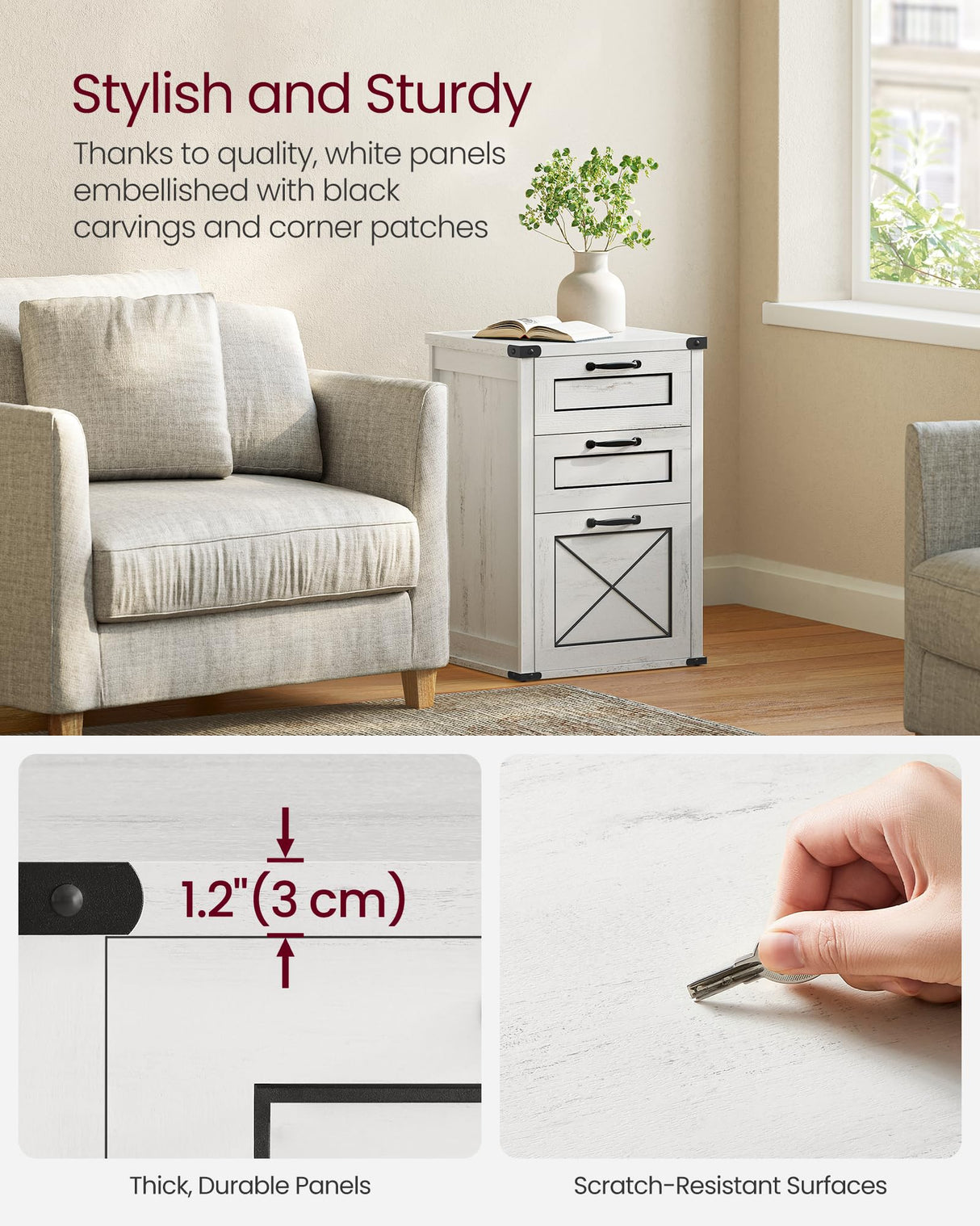 VASAGLE File Cabinet, Filing Cabinet with 3 Drawers, Printer Stand, Fit A4, Letter Size, Hanging File Folders, Modern Farmhouse Style, for Home Office, Rustic White UOFC054T73 VASAGLE