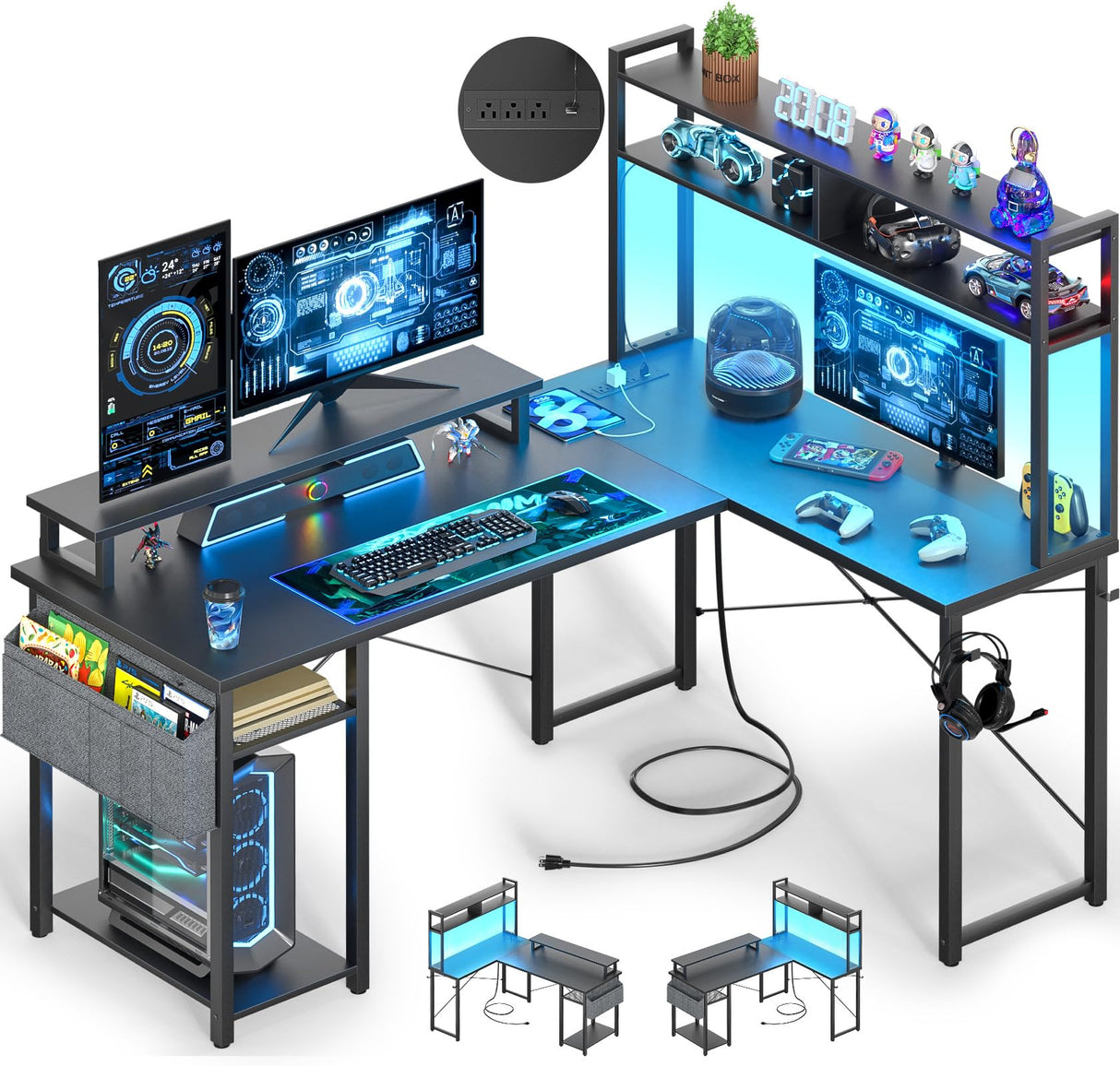 Besiost Small L Shaped Desk Gaming Desk with Power Outlets, 48" Reversible L Shaped LED Computer Desk with Monitor Stand & Storage Shelf, Corner Gamer Desk Home Office Desk with Storage Bag, Black Besiost