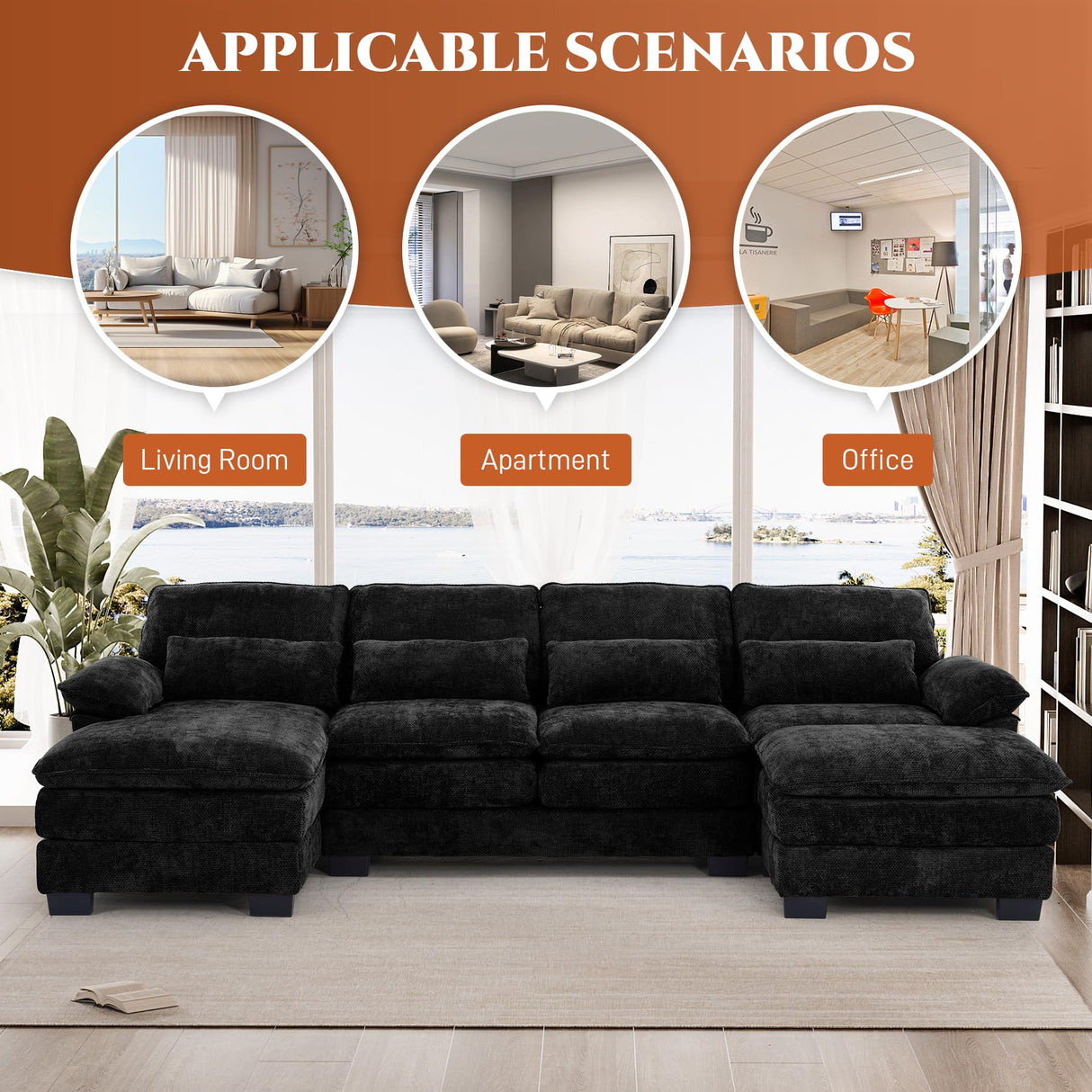 OUYESSIR 114" U Shape Sectional Cloud Couch with Ottoman,Fluffy Sectional Couches for Living Room,4 Seater Modular Sectionals Sofa,Comfy Cloud Sofas & Couches with 4 Pillows,Light Black OUYESSIR