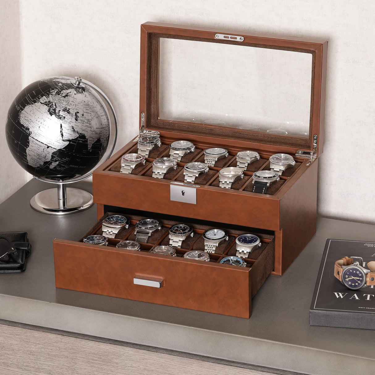 ROTHWELL 20 Slot Leather Watch box - Luxury Case Display Jewelry Organizer, Locking Display Case Holder with Large Real Glass Top - Watch Box Organizer for Men and Women (Tan/Brown) ROTHWELL