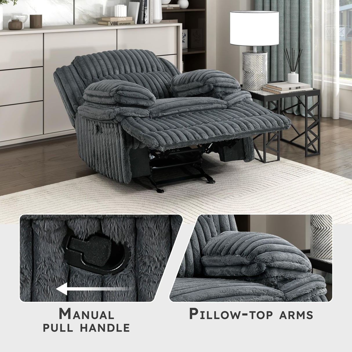 Lexicon Manual Glider Recliner Chair, Corduroy Manual Tab Pull Reclining Chair with Pillow Top Arms, Plush Cushions, Cozy Theater-Style Accent for Living Room/Bedroom, Easy Assembly, Dark Gray Lexicon