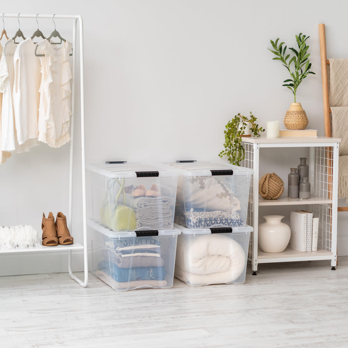 IRIS USA 72 Qt Stackable Plastic Storage Bins with Lids, 4 Pack - BPA-Free, Made in USA - See-Through Organizing Solution, Latches, Durable Nestable Containers, Secure Pull Handle - Clear Iris Ohyama