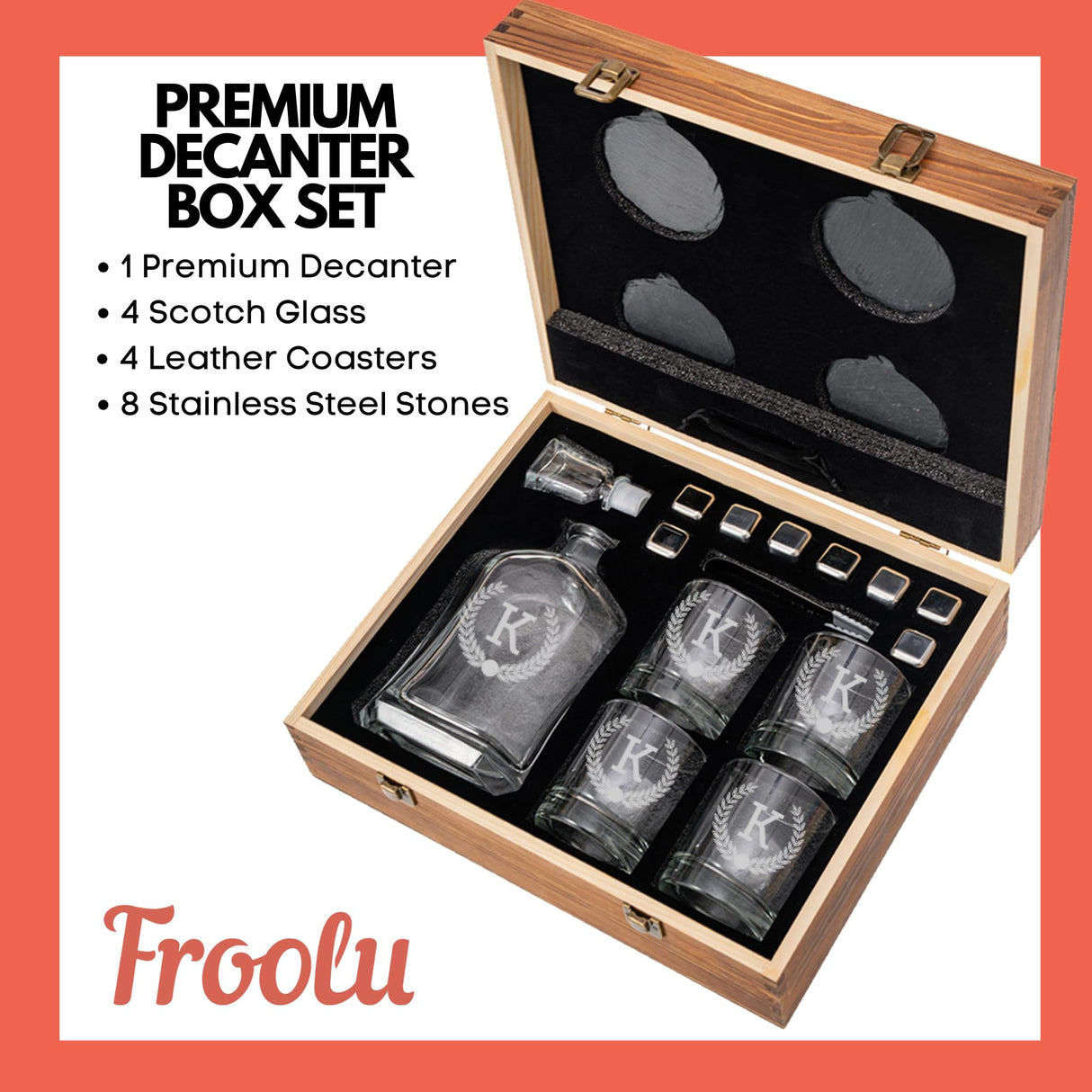 Engraved Liquor Whiskey Decanter Set with Scotch Glasses for Men - 9 Design Options - Personalized Gift Set for Him, Dad - Premium Set Includes Whiskey Stones - Christmas, Valentines - by Froolu Froolu