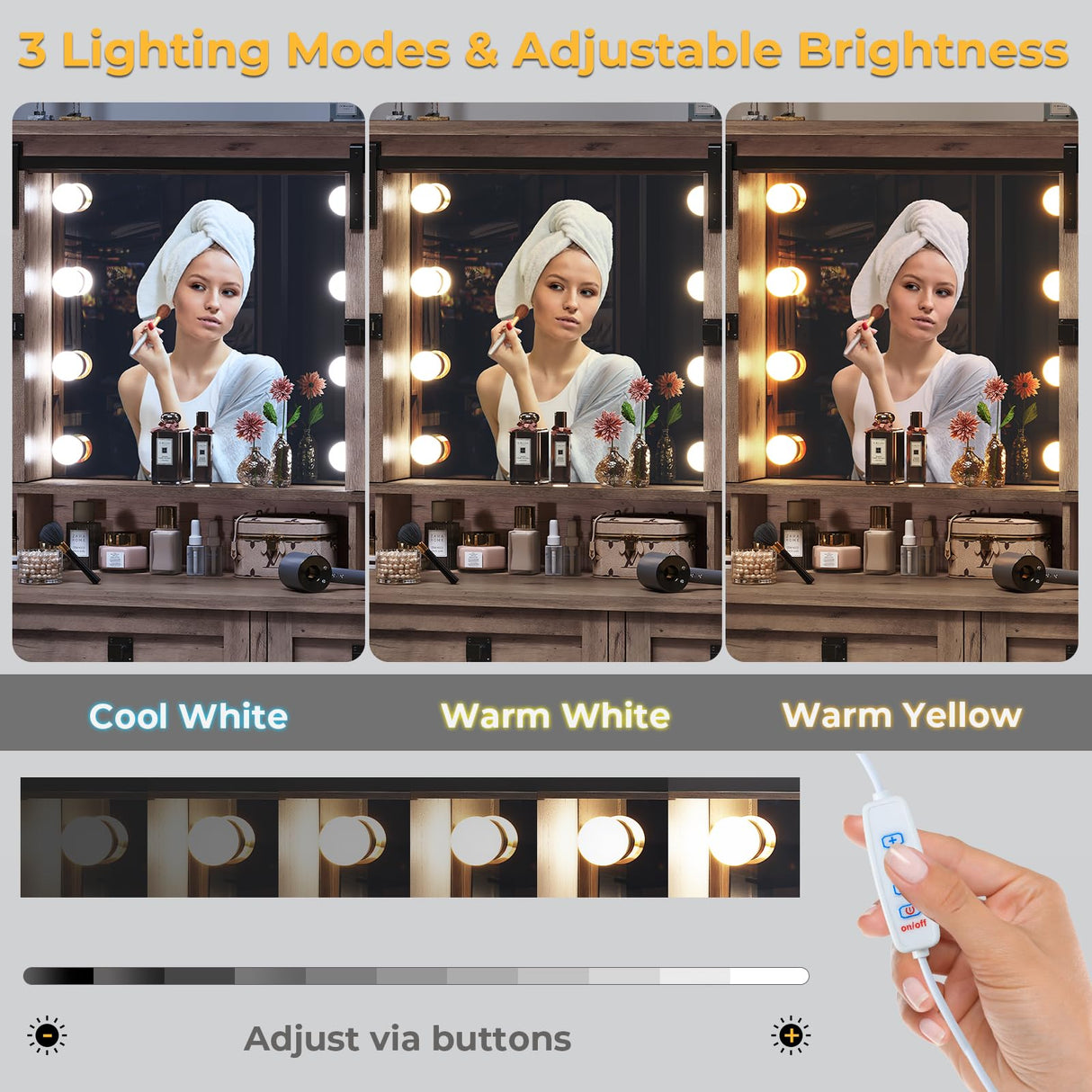 Farmhouse Vanity Desk with Mirror and Lights, 41" Sliding Door Makeup Vanity with Charging Station, Large Vanity Table with Drawers/Shelves/Cabinet Storage, Rustic Oak MSmask