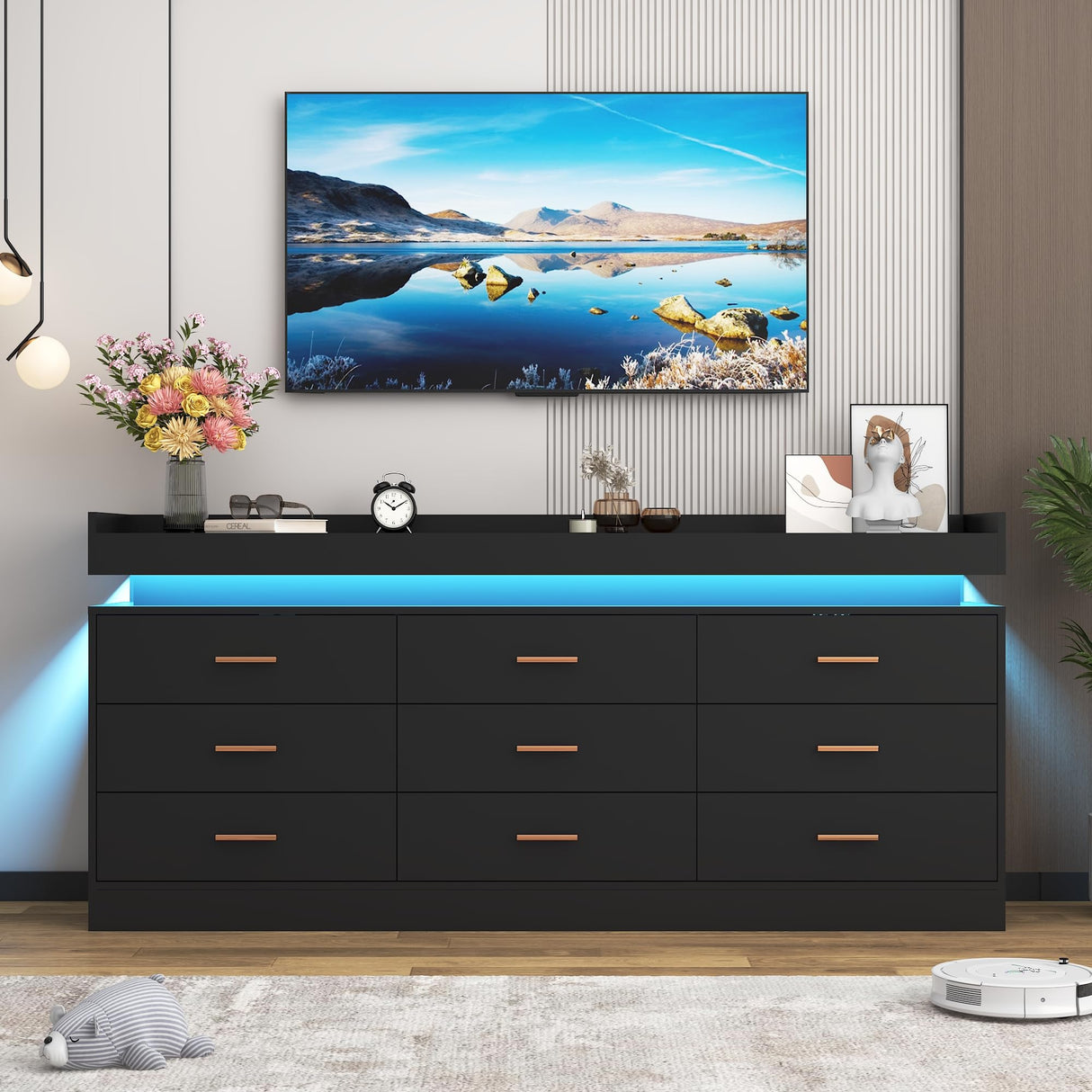 9 Drawer Dresser with LED Light and Charging Station, 63" Modern Chest of Drawers for Closet, Wide Drawer Organizer Cabinet for Bedroom, Living Room, Entryway, Hallway, Black Hlivelood