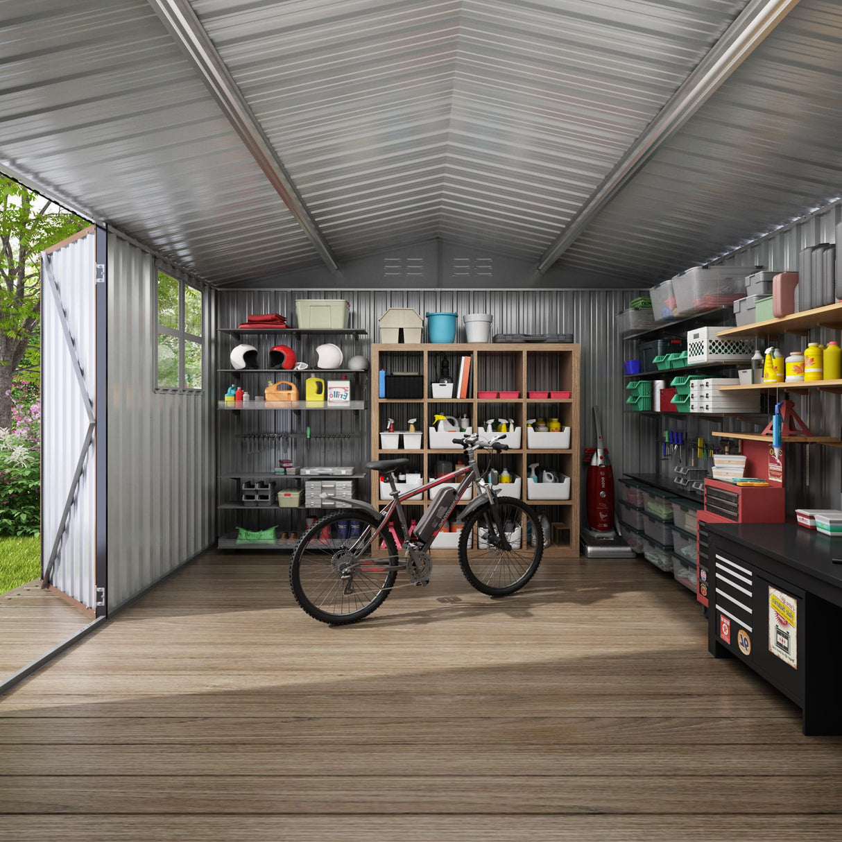 HOGYME 10x10 FT Outdoor Storage Shed, Large Metal Tool Sheds with Updated Frame Structure and Lockable Doors, Garden Shed for Backyard Garden Patio Lawn, Brown HOGYME