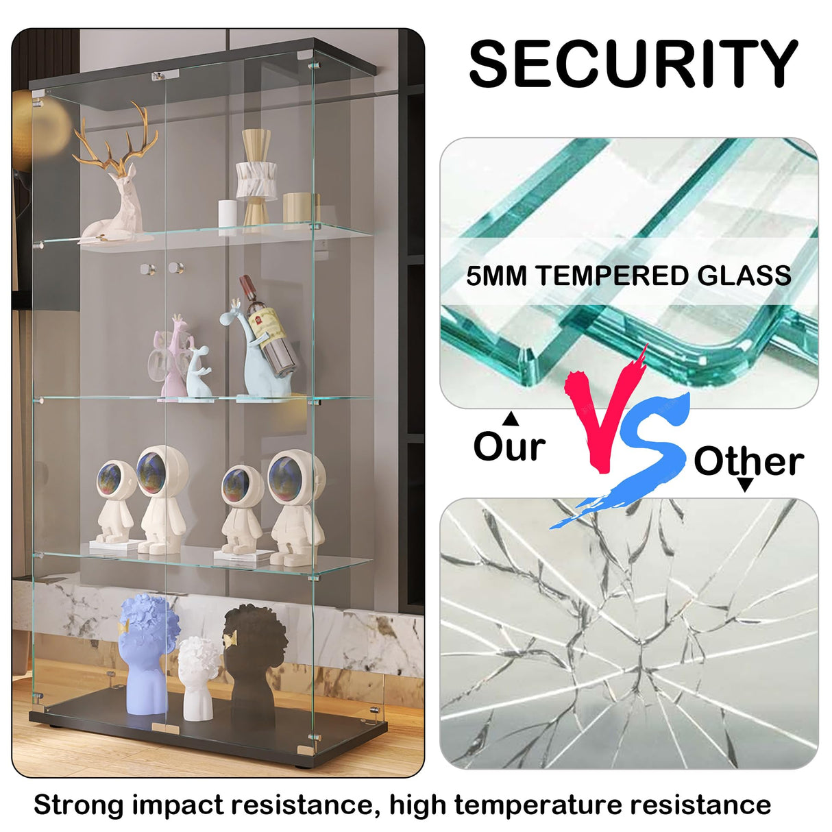 Mcltopz 64.7'' 4-Shelf Glass Display Cabinet with 2 Doors & LED Lights,Glass Curio Cabinet Display Case,5mm Tempered Glass Storage Cabinet,Floor Standing Bookshelf for Living Room Bedroom Office Black Mcltopz