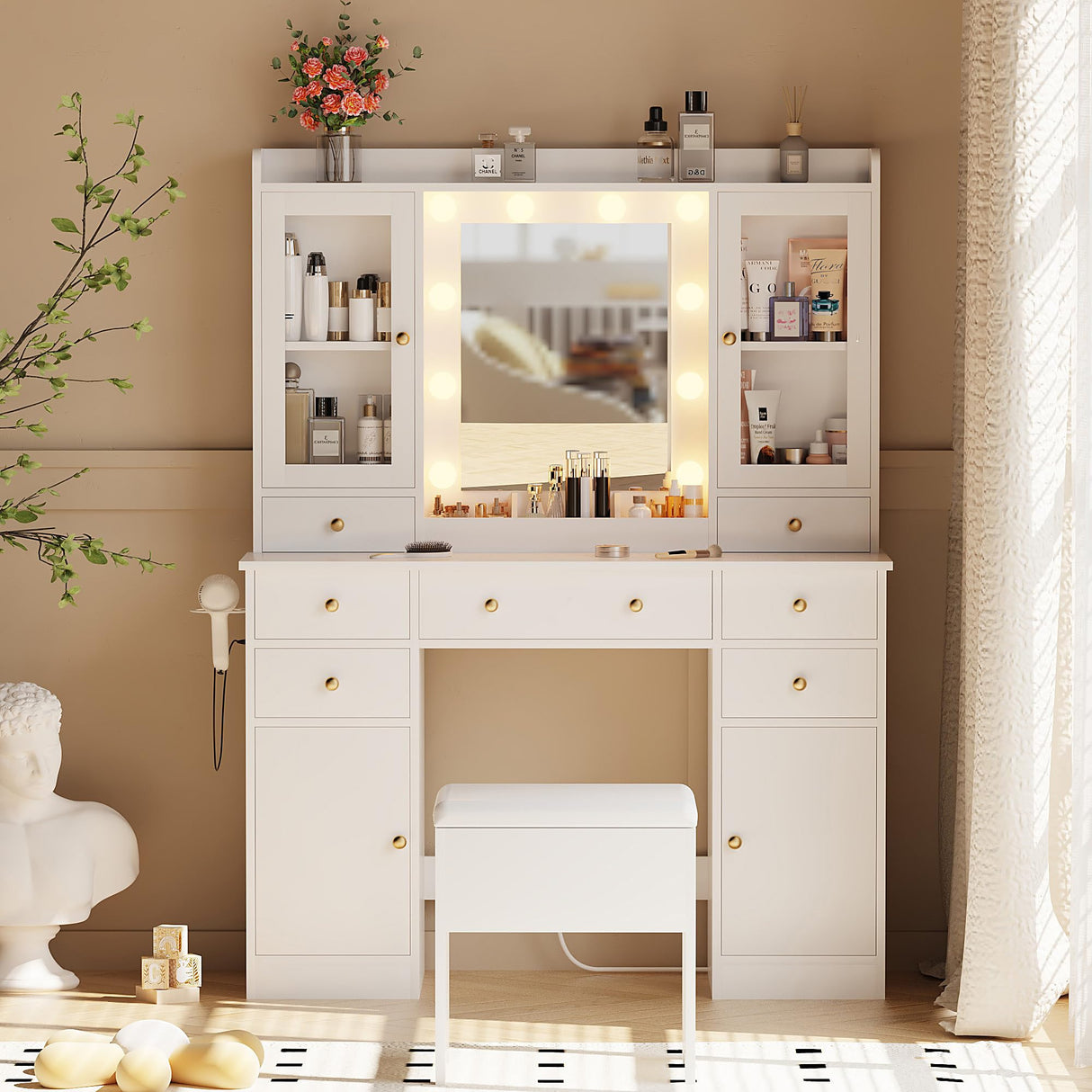 HUANLEGO Vanity Desk with Mirror and Lights, White Vanity Mirror with Lights Desk and Chair &7 Drawers, Cabinets Makeup Vanity Table with with Stool for Bedroom 3 Lights Mode and Brightness Adjusted HUANLEGO