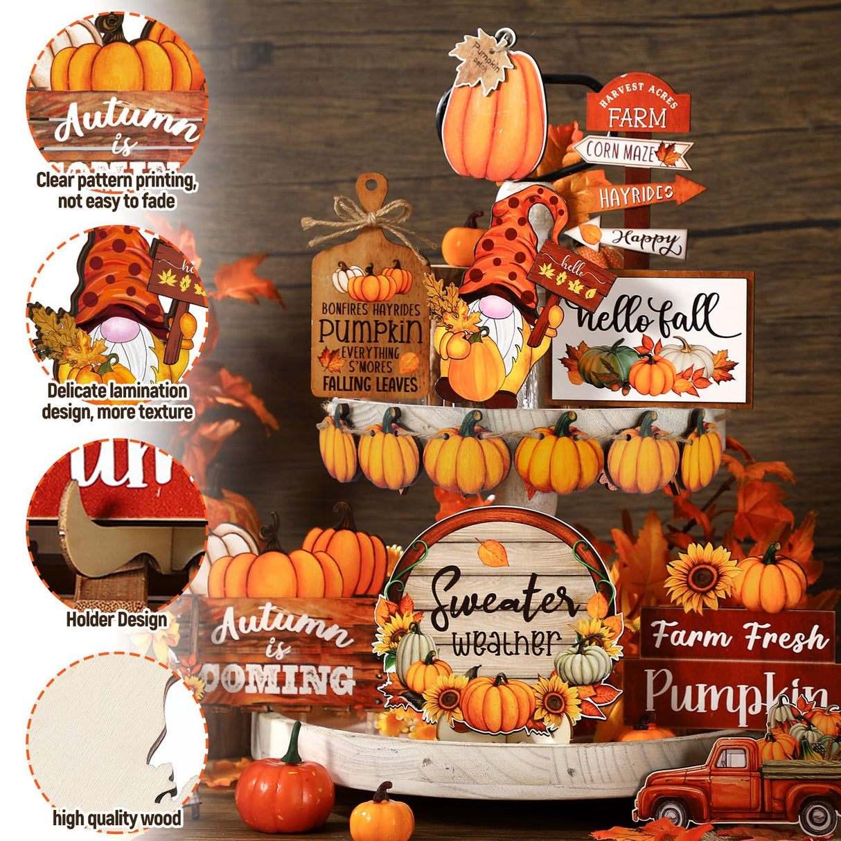 16 Pcs Fall Tiered Tray Decor Pumpkin Gnome Truck Wooden Signs Fall Table Decorations Centerpieces Farmhouse Thanksgiving Decor for Home Autumn Harvest Table Shelf Decor Dandat