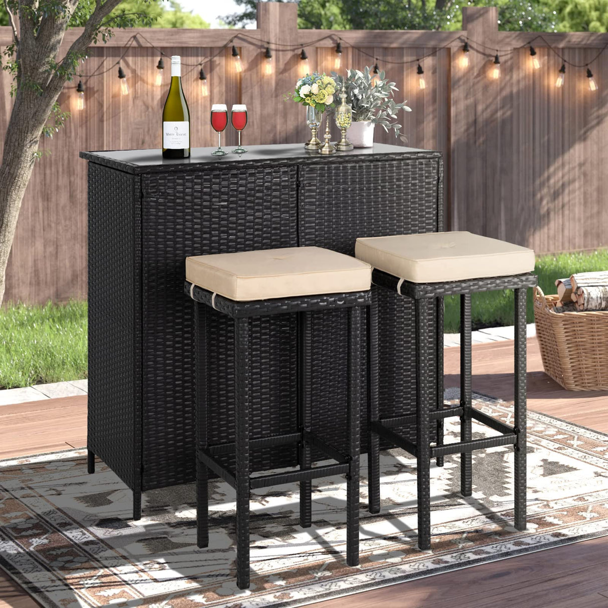Crownland 3-Piece Wicker Patio Outdoor Bar Set, 2 Stools and 1 Glass Top Table, Bistro Set, Brown Furniture for Deck, Lawn, Backyard Crownland