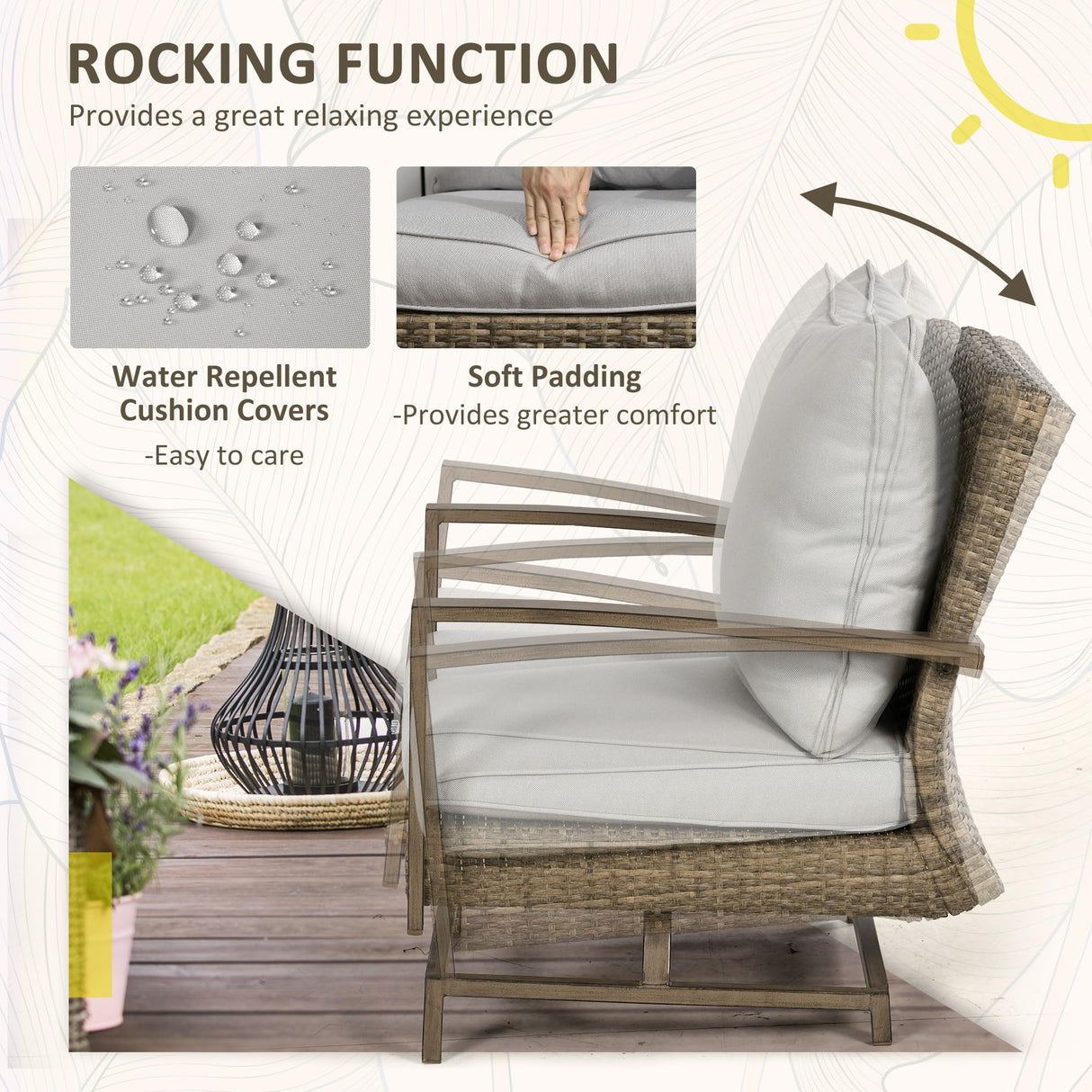 Outsunny 3-Piece Wicker Patio Furniture Set, Outdoor Rocking Chair Set with Bistro Coffee Table, PE Rattan Rocker Conversation Set with Cushions for Porch, Balcony, Yard, Poolside, Garden, Gray Outsunny