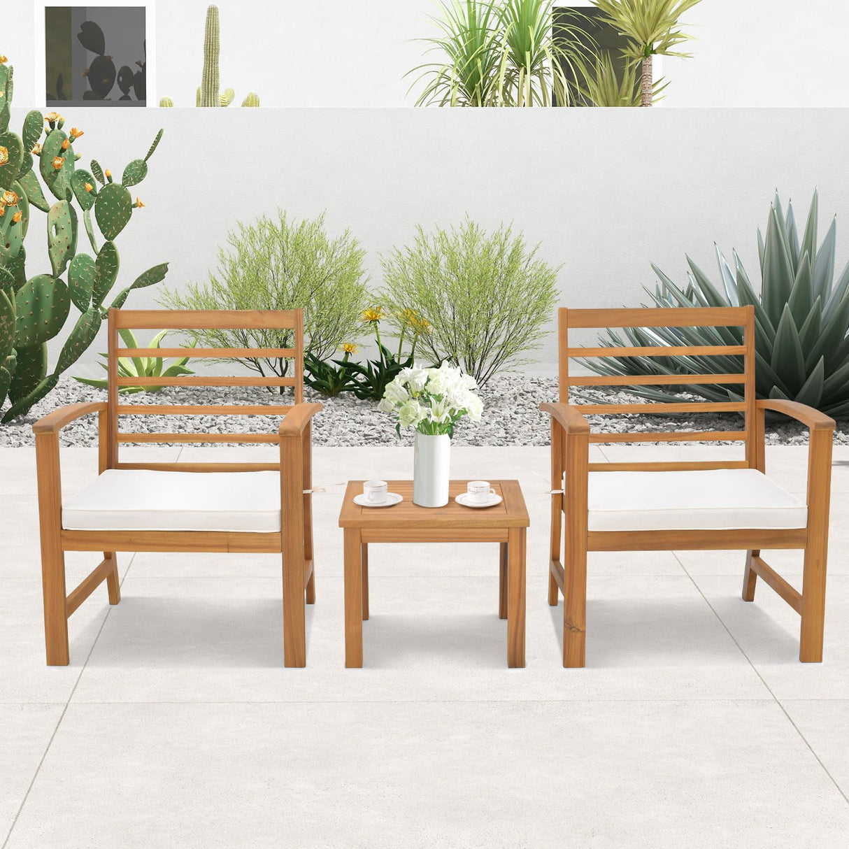 Tangkula 3 Pieces Outdoor Furniture Set, Acacia Wood Conversation Set with Soft Seat Cushions, Stable Acacia Wood Frame, Patio Sofa & Coffee Table Set for Backyard, Porch, Poolside (White) Tangkula