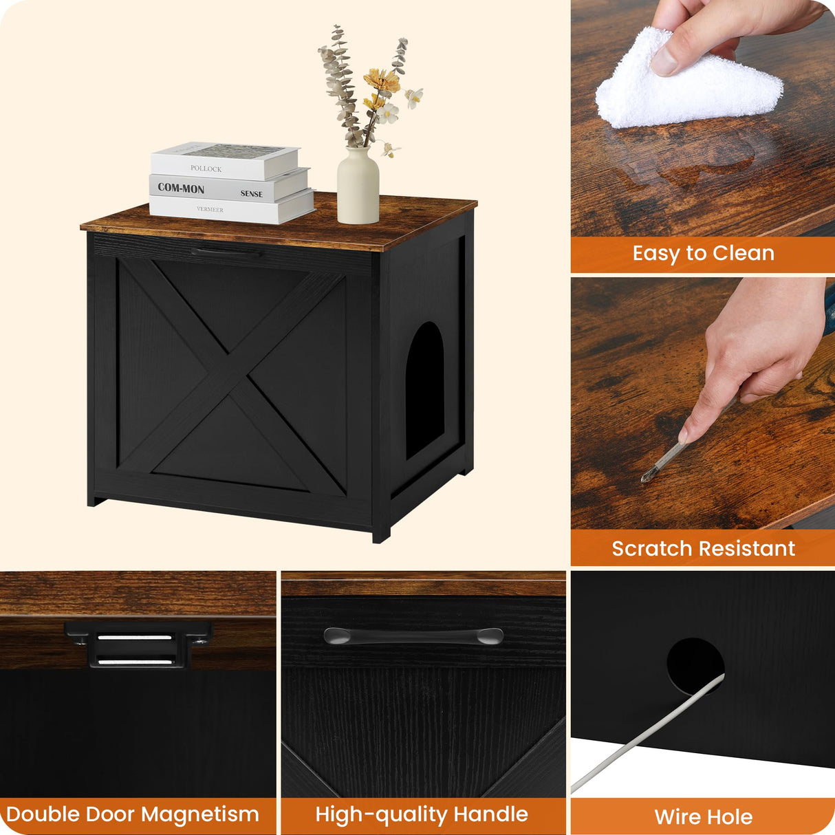 DWANTON Cat Litter Box Furniture Hidden, Cat Litter Box Enclosure, Reversible Entrance Can Be on Left or Right Side, Indoor Cabinet, Wooden Washroom, Nightstand, Black and Rustic Brown, 23.6" L Dwanton