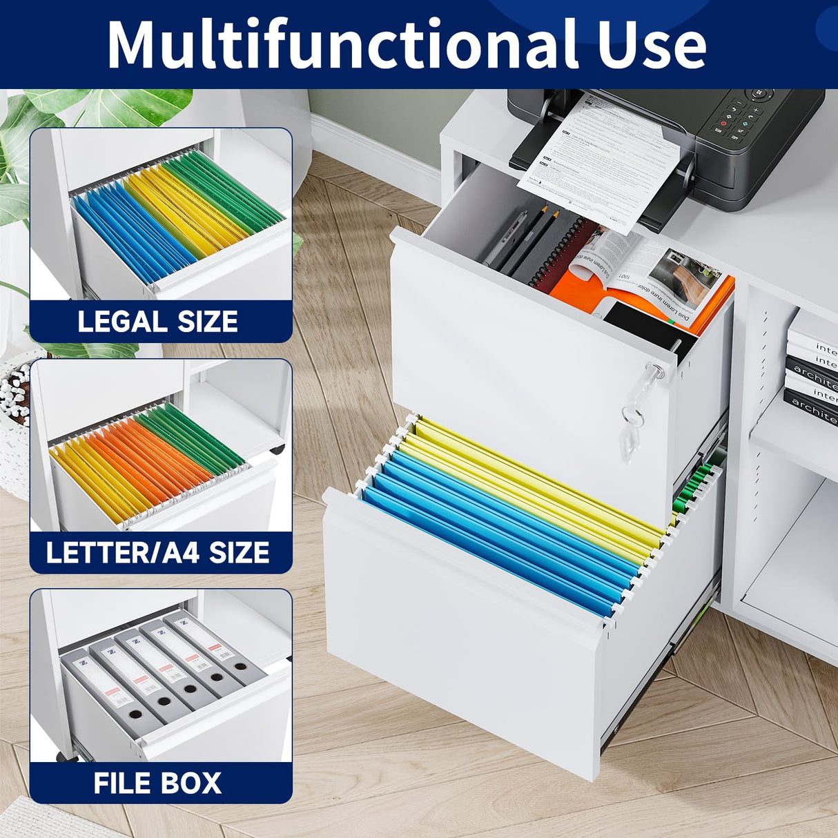 Yizosh 2-Drawer Metal File Cabinet with Lock, Mobile Lateral Filing Cabinet, Printer Stand with Adjustable Storage Shelves for Home Office (White) Yizosh