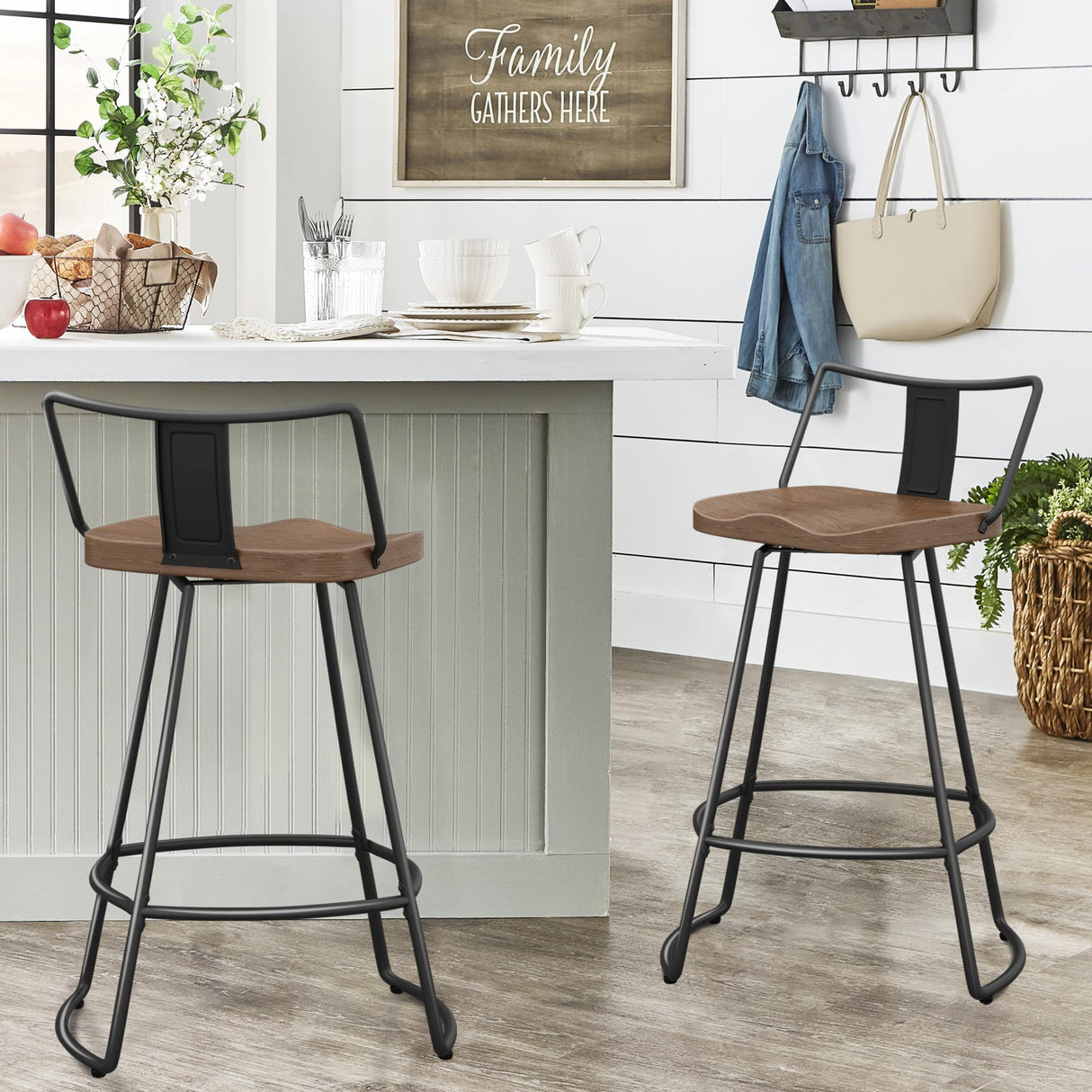 Yongqiang 24" Swivel Metal Bar Stools with Backs - Set of 2 Industrial Kitchen Chairs with Wooden Seats in Matte Black Yongqiang