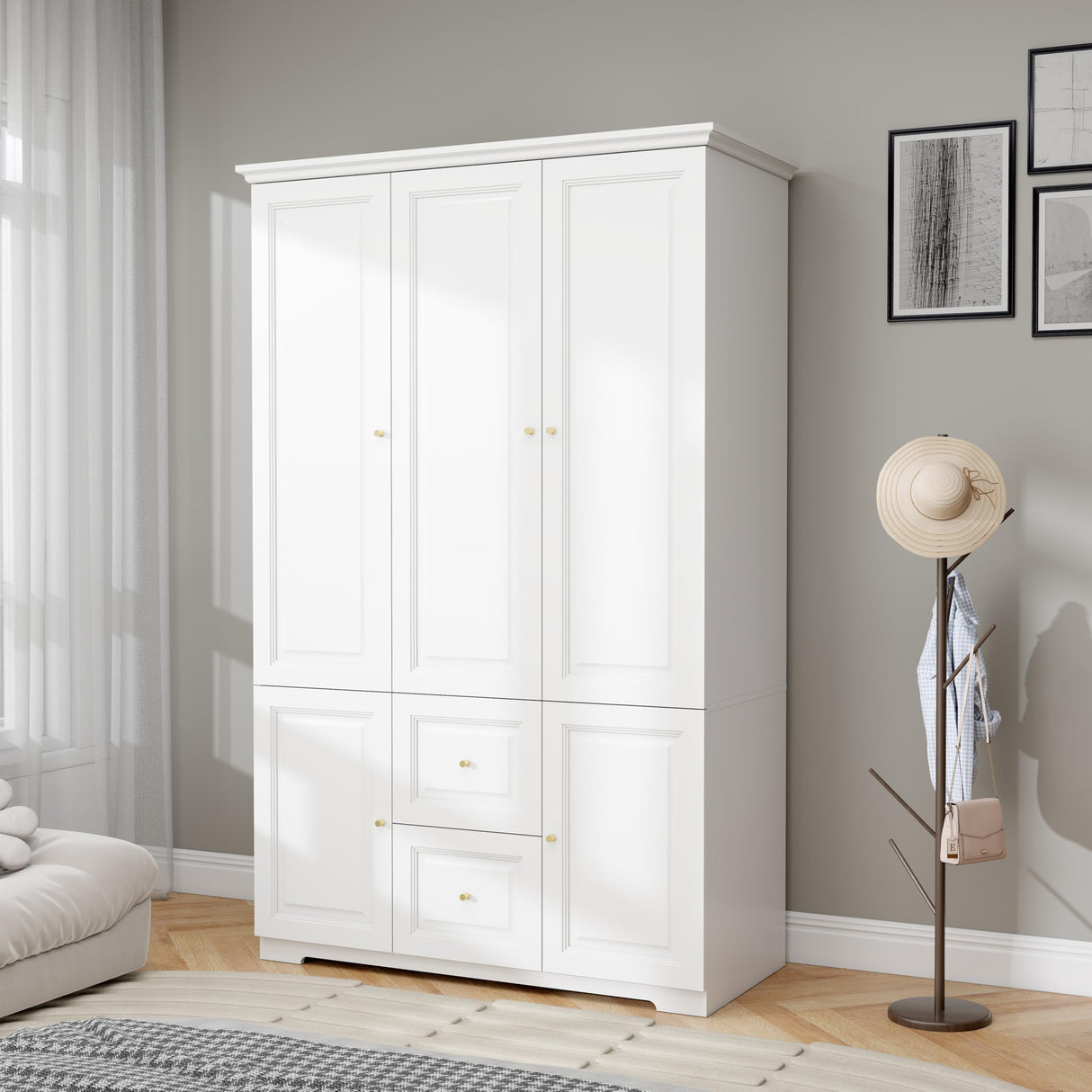 LABROSKIA White Wardrobe with 2 Drawers: 74" Large Wardrobe Closet for Hanging Clothes, Tall Armoire Closet with 2 Doors, Bedroom Armoires with Hanging Rod (47") LABROSKIA