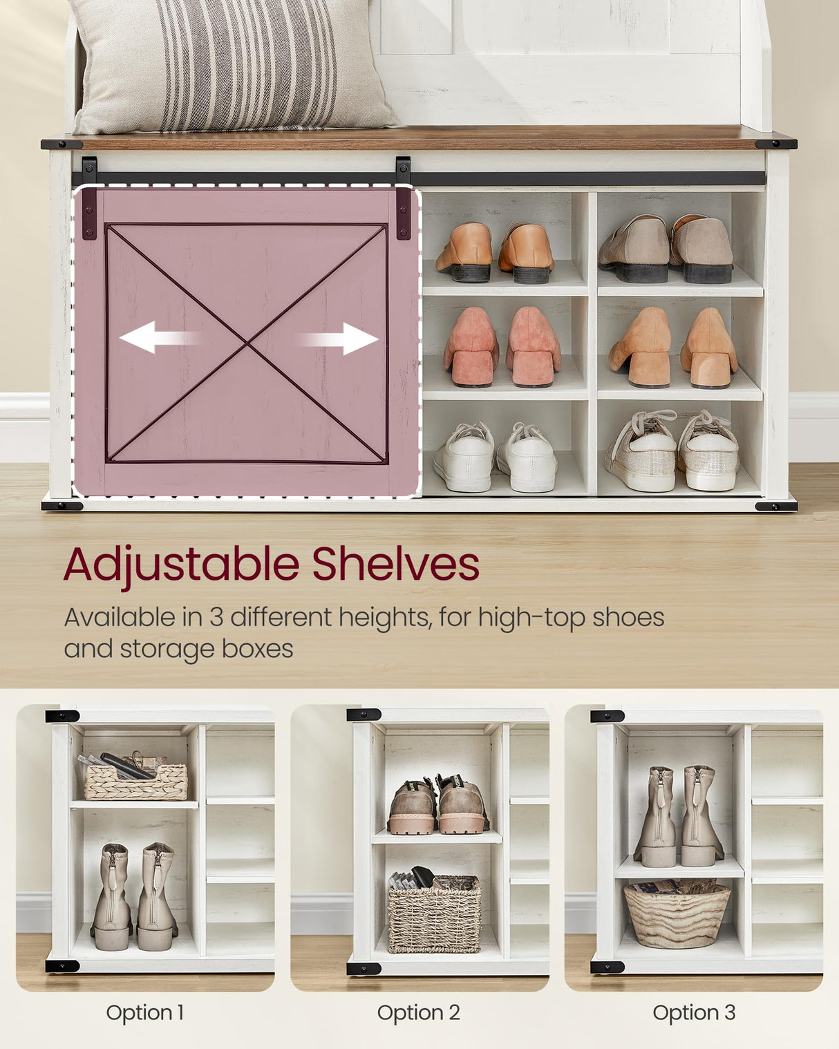 VASAGLE Hall Tree with Bench and Shoe Storage, Coat Rack with Shoe Bench, Entryway Furniture, 6 Tri-Hooks, Sliding Door, Farmfouse Style, Space Saving, Rustic White and Honey Brown UHSR442W01 VASAGLE