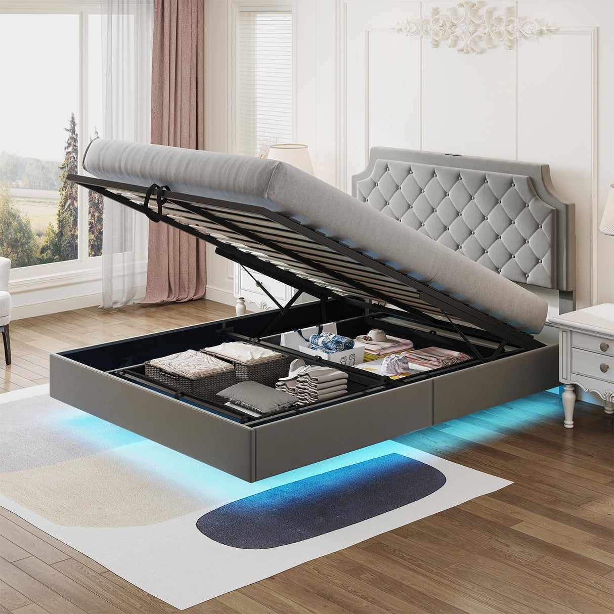 Queen Size Lifting Upholstered Bed Frame with Adjustable Headboard, Storage Space & LED Lighting Saudism