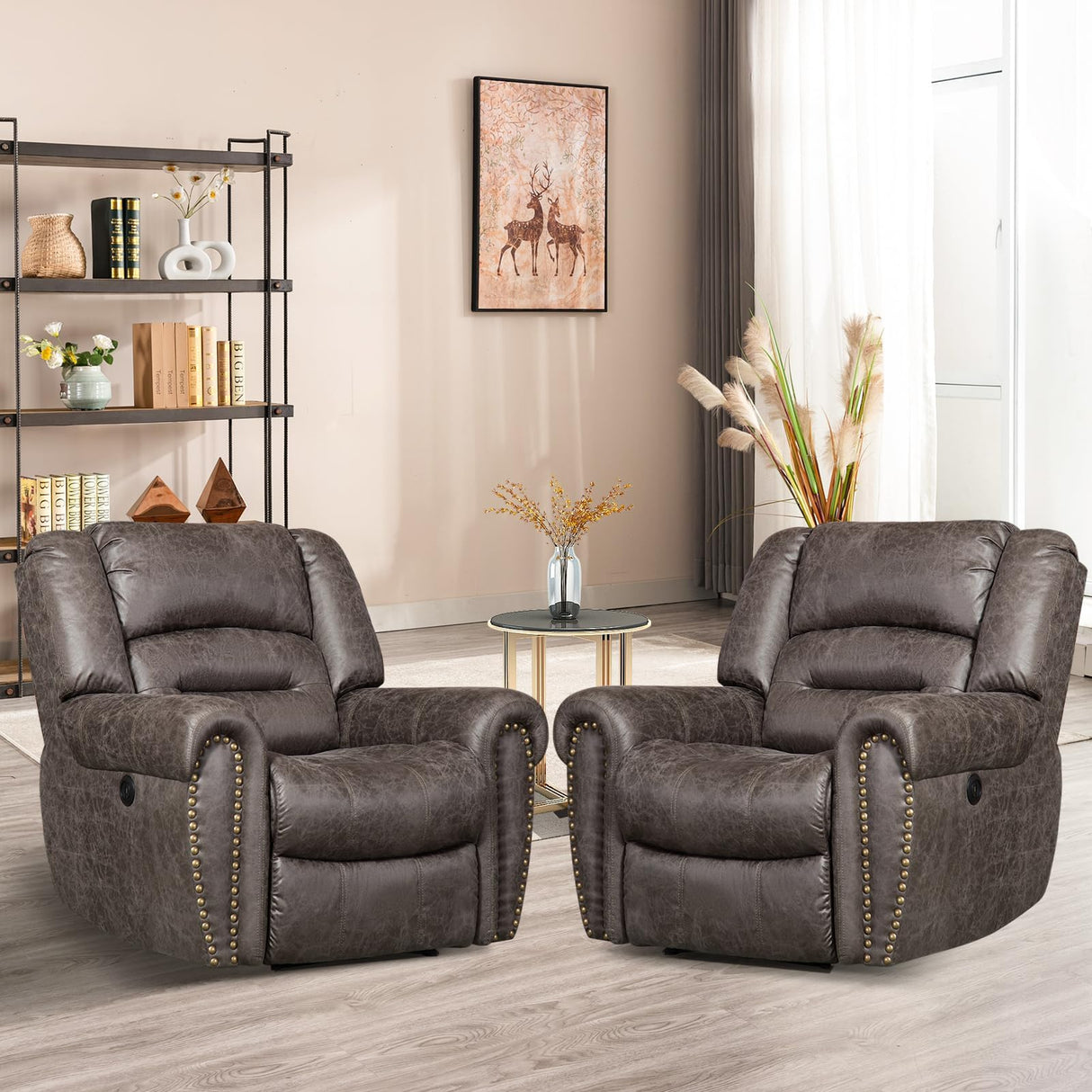 ANJ Electric Power Recliner Set of 2, Breathable Bonded Leather Reclining Chair Classic Home Theater Recliners Seating W/USB Port (Smoky Gray) ANJ