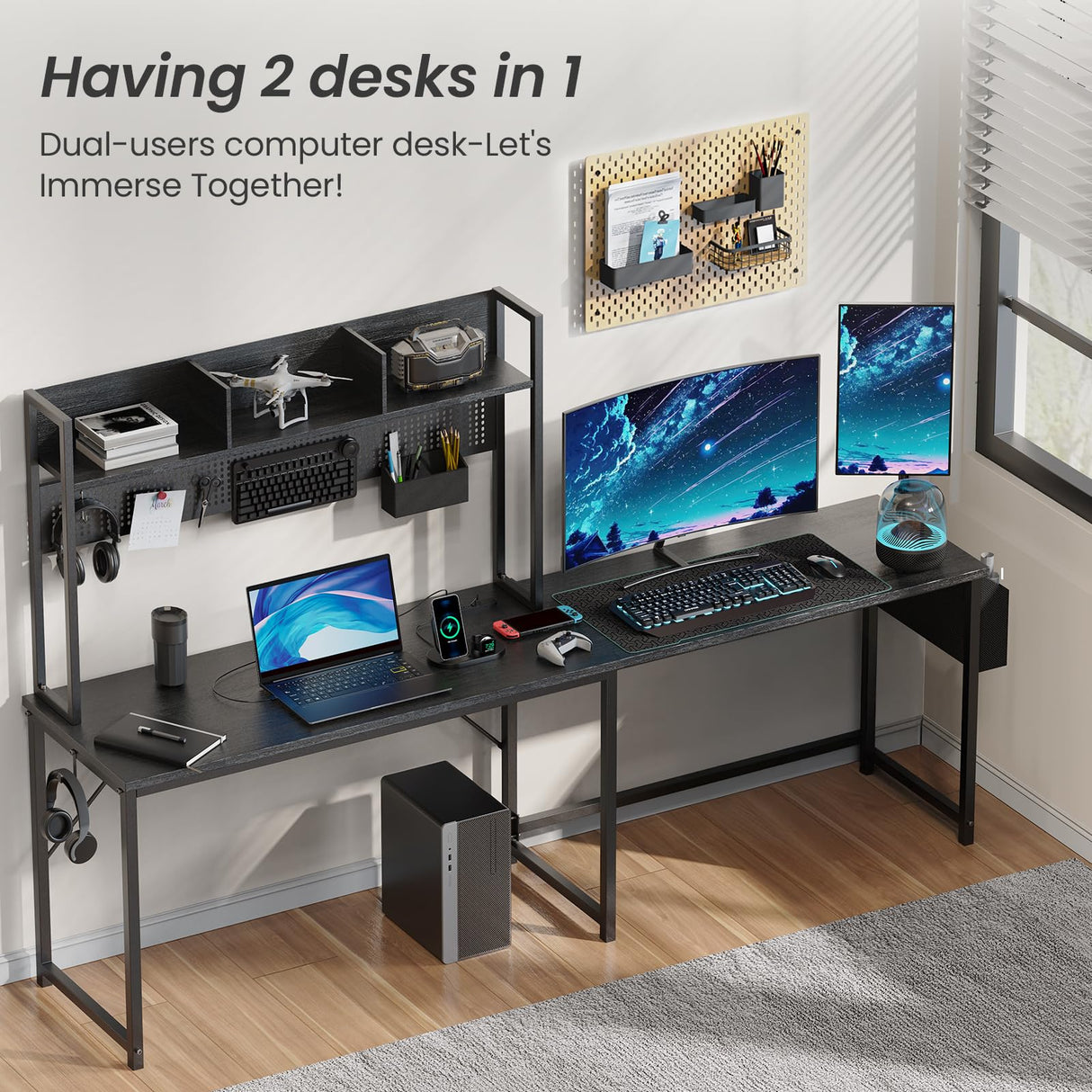 DOMICON Gaming Desk Computer Desk with Storage, L Shaped Desk with Power Outlet & LED Strip, Office Desk with Pegboard, Corner Deck for Home Office Black Wooden Table DOMICON