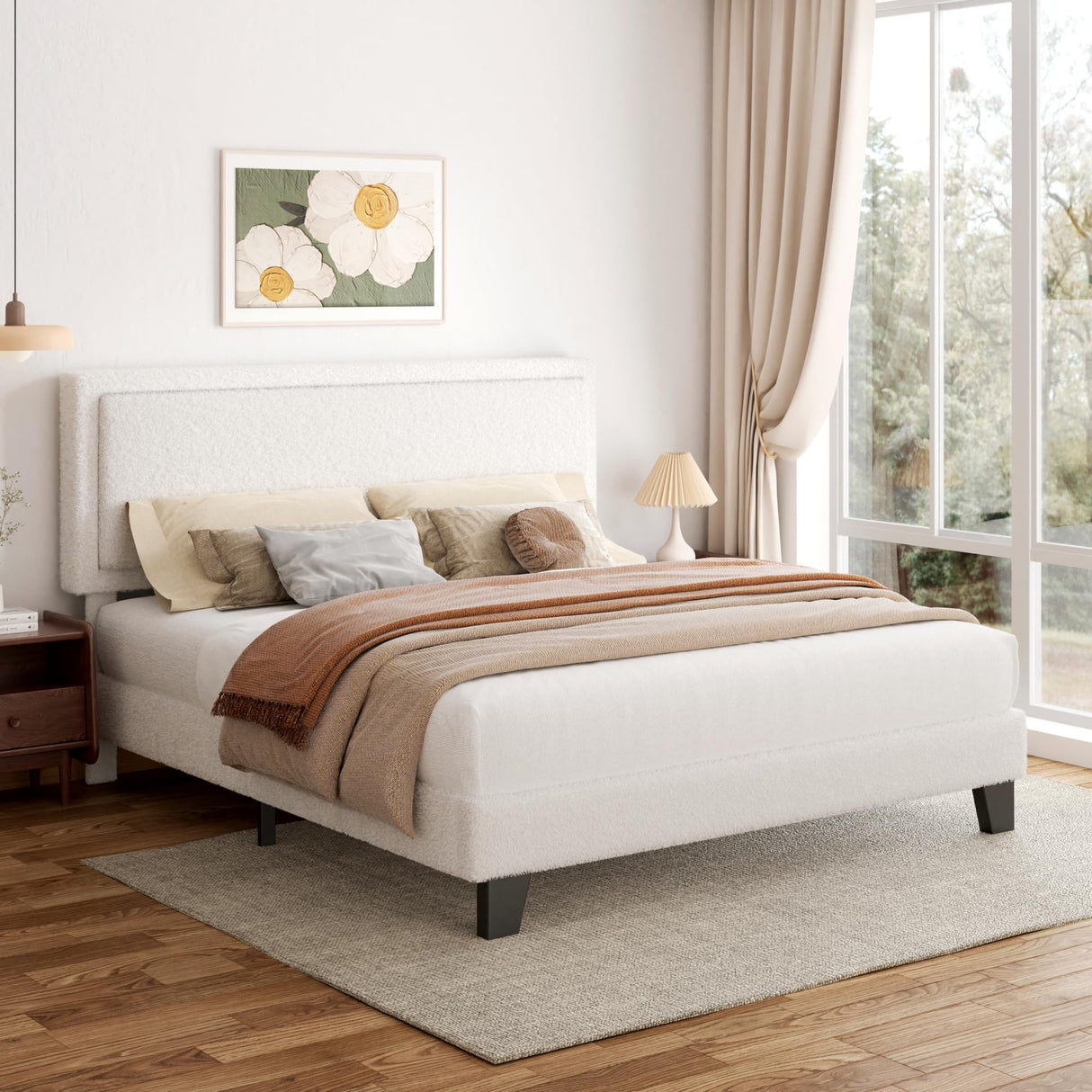 viplov King Size Bed Frame and Headboard, Upholstered Platform Bed with Adjustable Headboard, Soft Boucle Fabric, Modern Style, No Box Spring Required, Easy Assembly, Off-White viplov