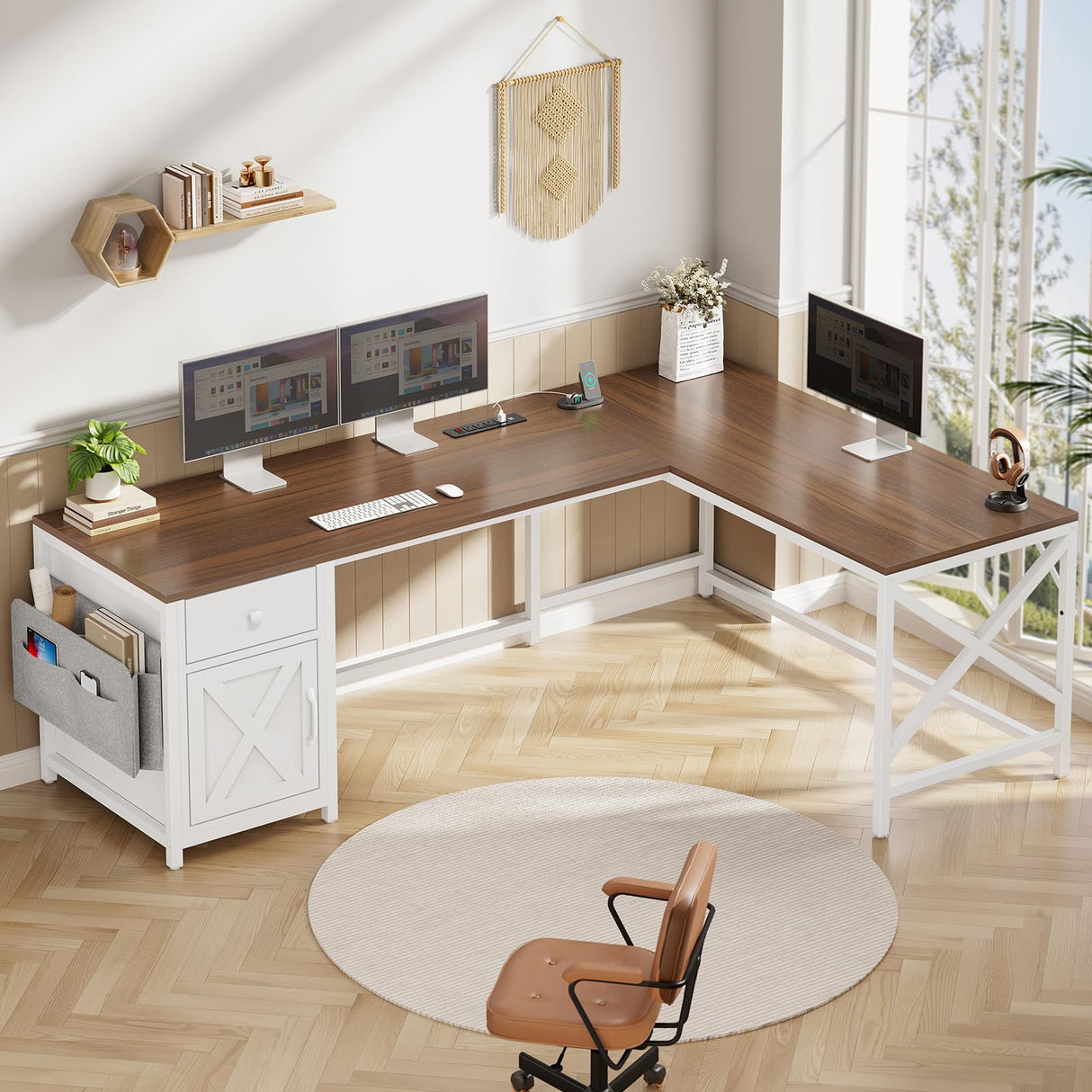 SEDETA 63" L Shaped Desk, Convertible Corner Office Desk with Drawer, Farmhouse Computer Desk with Power Strip & Storage Cabinet for Home Office, Brown & White SEDETA