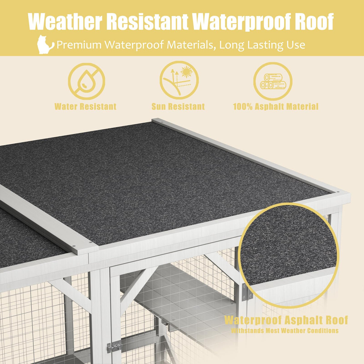 ROOMTEC Outdoor Catio with Roof 71.3" Height Large Wooden Cat Enclosure with 3 Jumping Platforms and 2 Napping Houses Cat Cage for Cat Activity (White) ROOMTEC