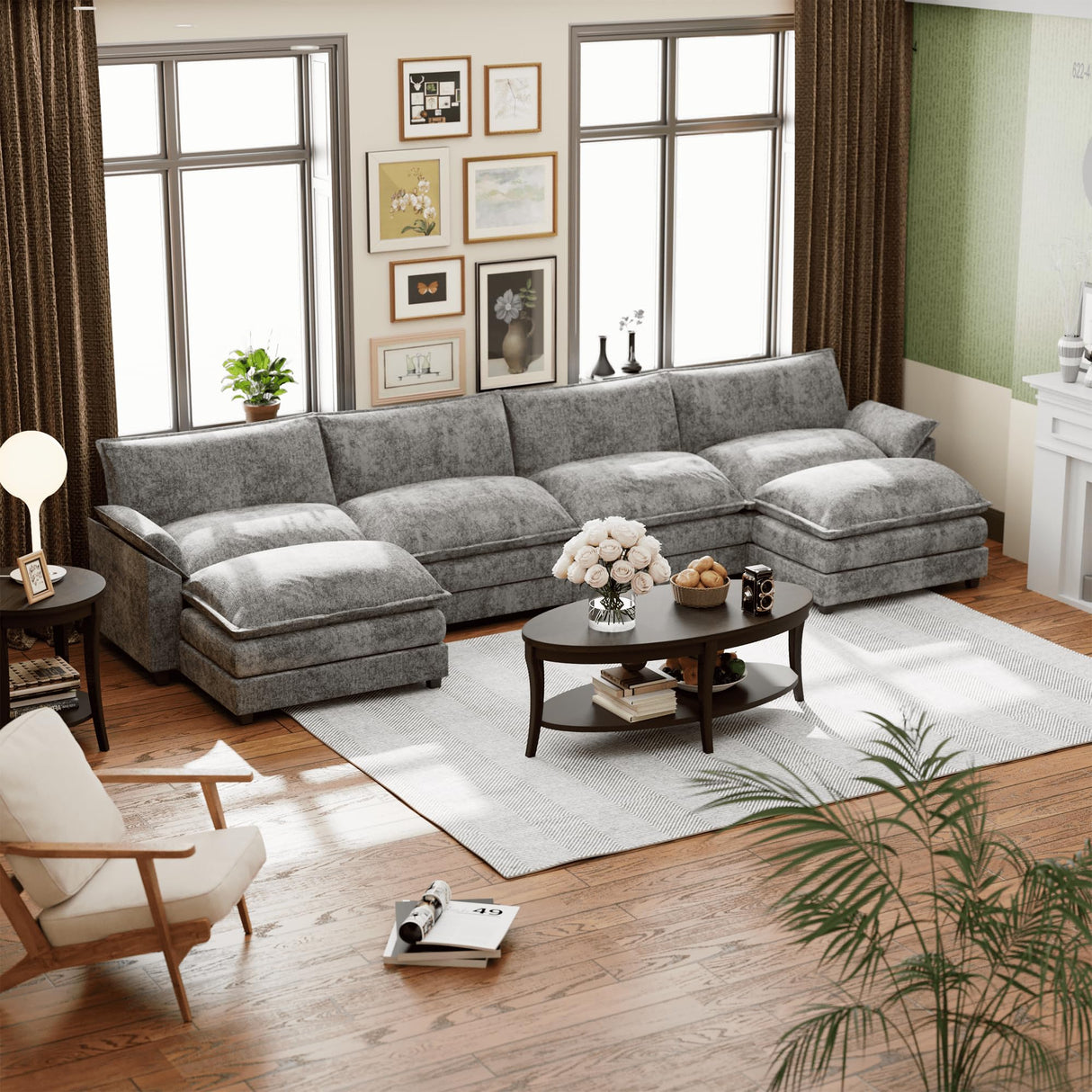 Shahoo Sectional Modular Sofa U Shaped Chenille Fabric Couch with High Supportive & Soft Sponges and Removable Ottoman, Sleeper Comfy Upholstered Furniture for Living Room, Grey Shahoo